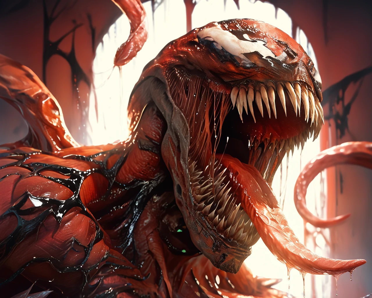 score_9, score_8_up, score_7_up, score_6_up, score_5_up, score_4_up, score_beautiful, upper body, masterpiece, an extremely detailed and delicate,extremely fine and beautiful, (masterpiece:1.2), (best quality:1.2), sharp focus, (8k), beautiful, high quality, (highres:1.1), (depth of field),realistic, best quality,masterpiece,ultra high res,(photo realistic:1.2), detailed, extremely detailed 4K, intricate, hyper detailed, illustration, soft lighting, high resolution, sharp detail, perfect lighting, Ca1na_ge, teeth, 1boy, solo, darkness, shadow, monster, sharp teeth, claws, no humans, tongue, muscular, saliva, long tongue, tongue out, tentacles, white eyes, red skin, <lora:Carnage_from_Marvel_Universe:0.95>, <lora:Light_ControlSD15_LeftRight:1> Light, <lora:DarknessSD:2>, <lora:dark_aura_xl:1>