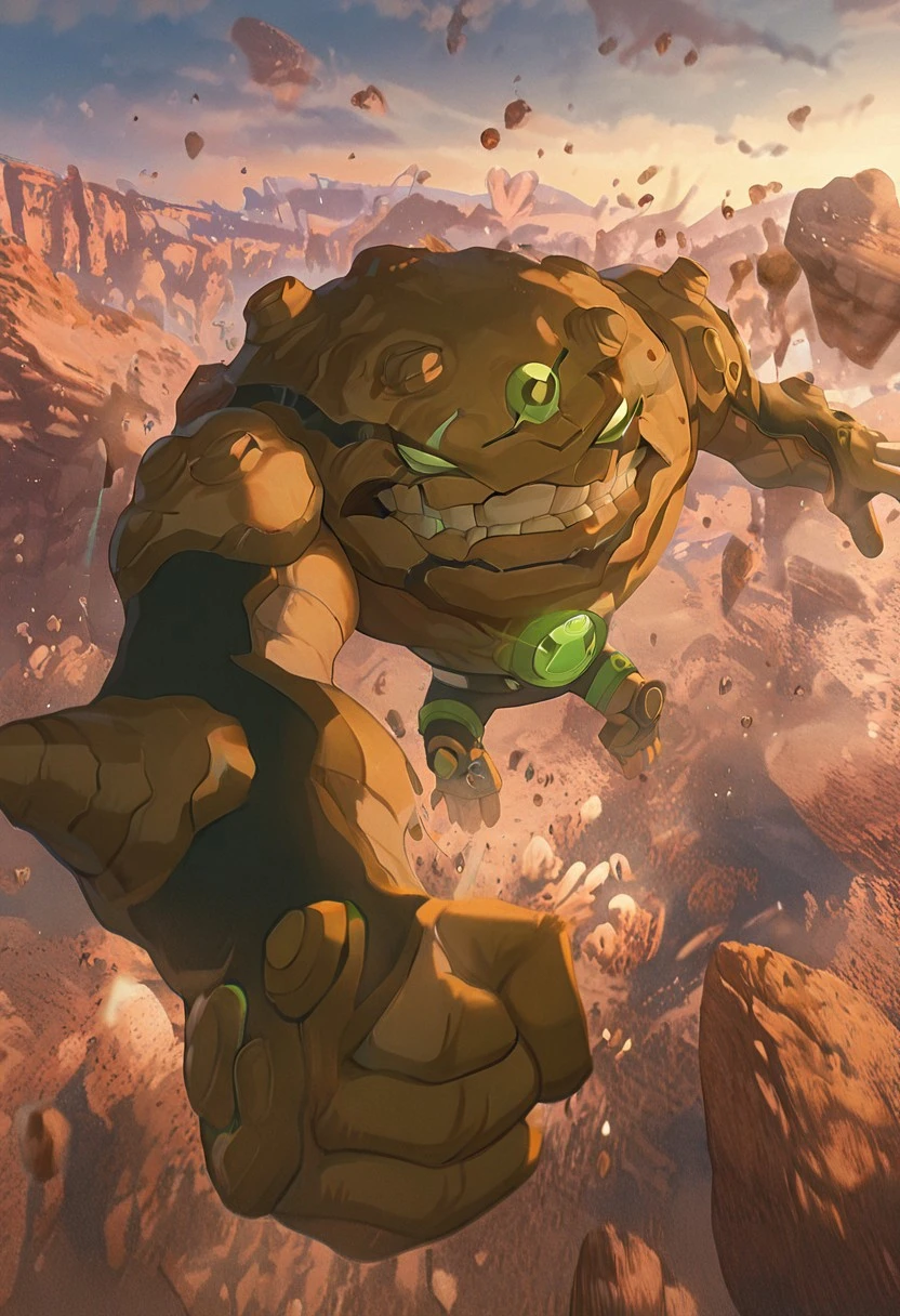 masterpiece, best quality, amazing quality, very aesthetic, absurdres, newest,, detailed background,
movie scene, cinematic scene, cinematic,
gravitack, crooked teeth, 1boy, armor, monster, green eyes, solo, massive arms, big hands,
outdoors, rocks, floating rocks, floating islands, dynamic pose, attacking, aiming arm at viewer,
