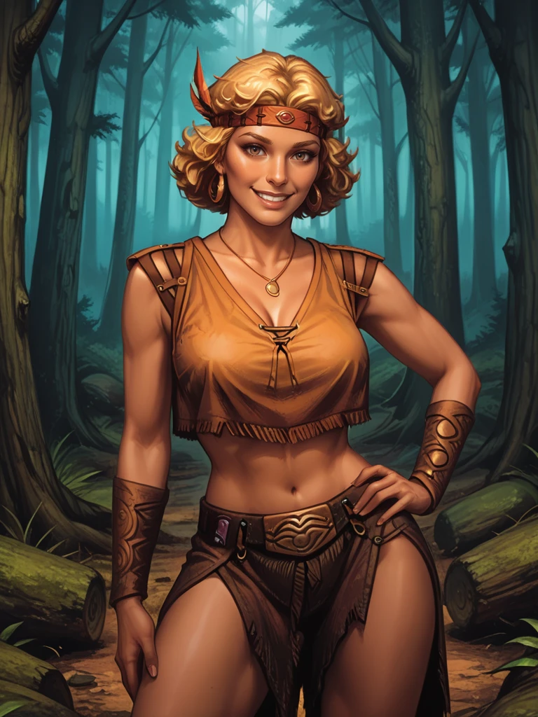 <lora:Fejyelsae__Classic_Dungeons__Dragons:0.7> fejyelsae,,short hair, blonde hair, headband,, necklace, jewelry,,midriff,,
standing in a forest, solo, looking at viewer, smiling, cowboy shot,
hand on hip