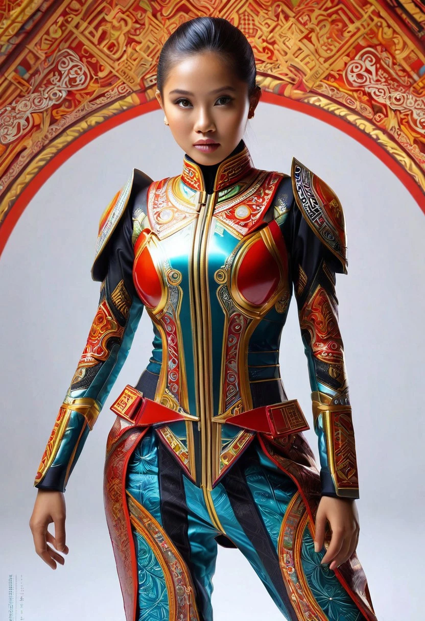 (high quality), (masterpiece), (detailed), 8K, Hyper-realistic painting of a young Indonesian woman wearing a futuristic suit that blends traditional patterns and vibrant colors, showcasing the rich heritage of Indonesia. She stands confidently in a dynamic pose, her detailed eyes reflecting determination and curiosity. The suit's material is a combination of traditional textiles and futuristic synthetic fabrics, giving it a unique and avant-garde appearance. Physically-based rendering techniques create realistic lighting and shadows, while the vivid colors capture the essence of Indonesian cultural aesthetics. The background features a fusion of modern architecture and traditional elements, creating a harmonious blend of the past and the future. This artwork explores the intersection of Indonesian culture, futuristic design, and the artistic representation of a confident girl.