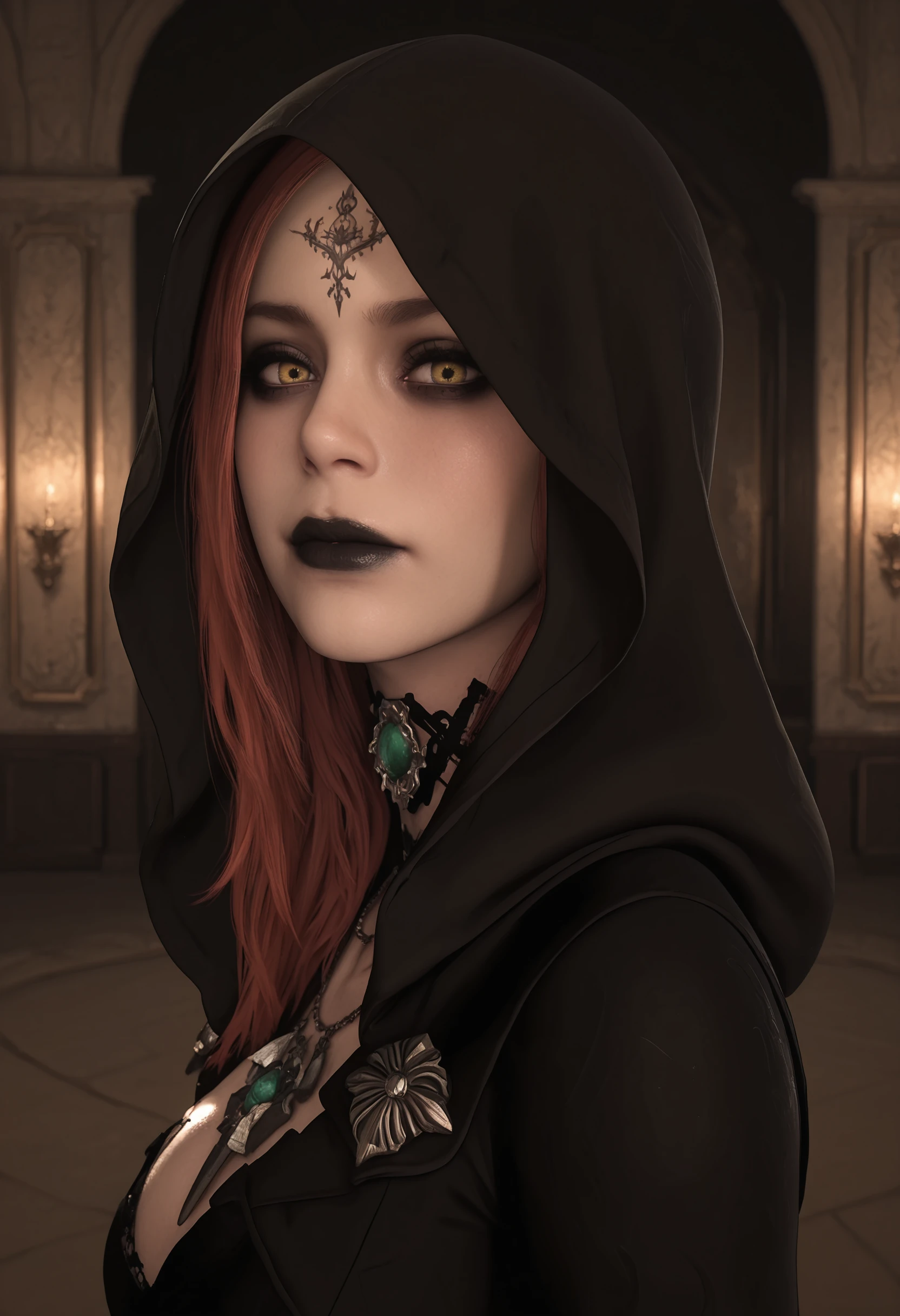 masterpiece, best quality, amazing quality, very aesthetic, absurdres, newest, <lora:DanielaDimitrescuILf:0.9> d4nilf, 1girl, red hair, yellow eyes, black lips, forehead tattoo, hood, dress, choker, necklace, looking at viewer, portrait, from side,
castle interior,