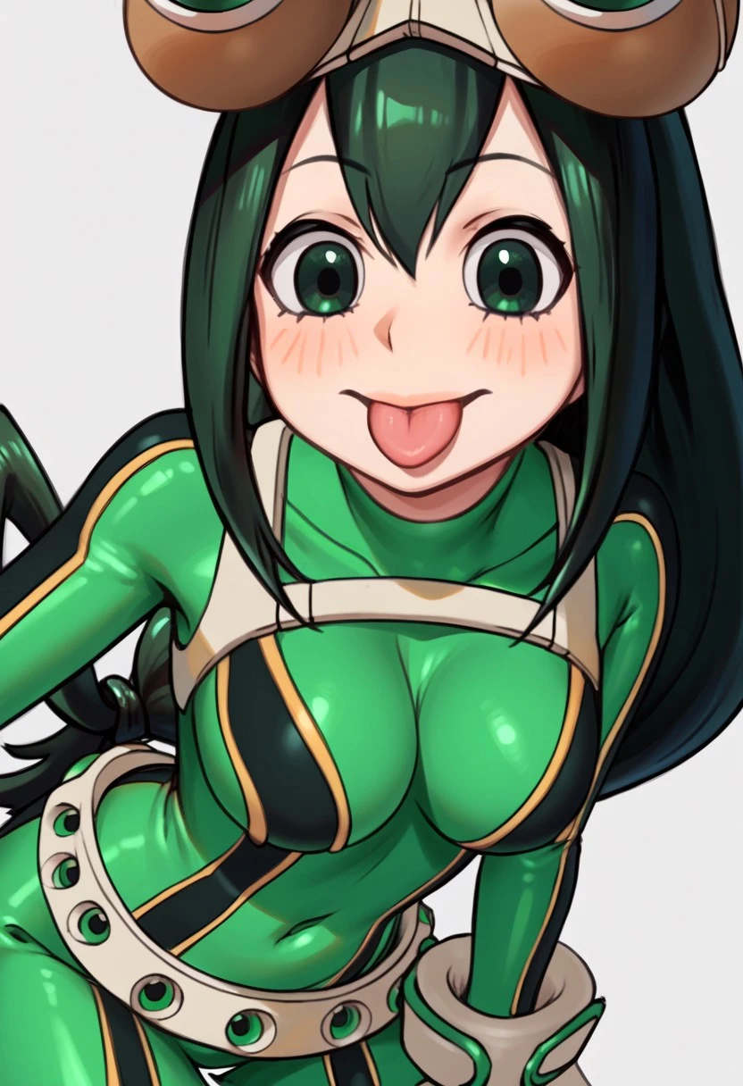 score_9, score_8_up, score_7_up, score_6_up, score_5_up, score_4_up, source_anime, <lora:confetti-extract- ponyxl:0.85>, detailed eyes, easynegative, rating_explicit, Expressiveh, 1girl, solo, ecchisage, smiling to viewer
tsuyu asui,1girl,solo,long hair, black hair,hair between eyes,bodysuit,skirt,tongue_out,goggles,goggles on head,gloves,hair rings,low-tied long hair,green bodysuit