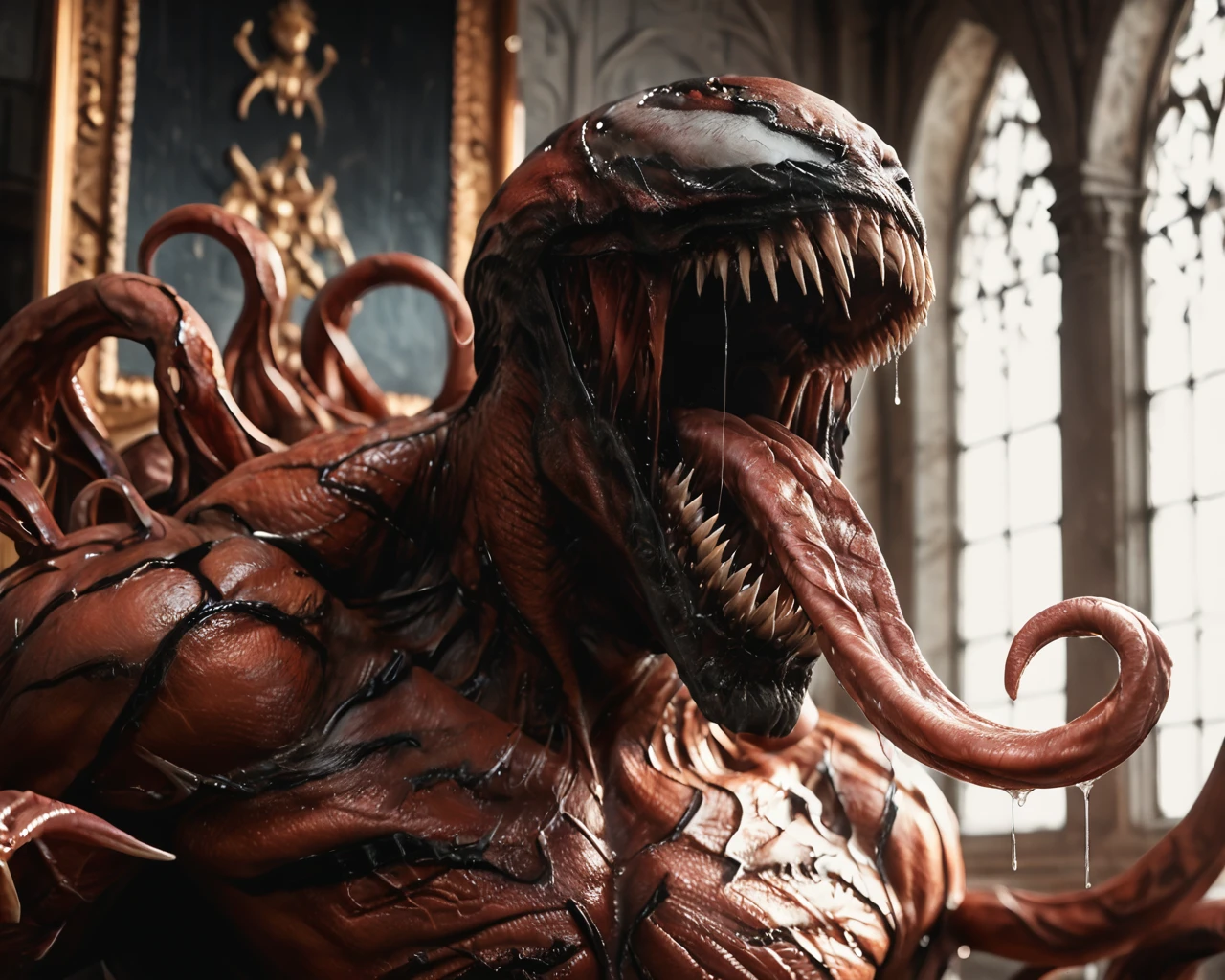 score_9, score_8_up, score_7_up, score_6_up, score_5_up, score_4_up, score_beautiful, upper body, masterpiece, an extremely detailed and delicate,extremely fine and beautiful, (masterpiece:1.2), (best quality:1.2), sharp focus, (8k), beautiful, high quality, (highres:1.1), (depth of field),realistic, best quality,masterpiece,ultra high res,(photo realistic:1.2), detailed, extremely detailed 4K, intricate, hyper detailed, illustration, soft lighting, high resolution, sharp detail, perfect lighting, Ca1na_ge, teeth, 1boy, solo, sits on the throne, darkness, shadow, monster, sharp teeth, claws, no humans, tongue, muscular, saliva, long tongue, tongue out, tentacles, white eyes, red skin, <lora:Carnage_from_Marvel_Universe:0.95>, <lora:Light_ControlSD15_LeftRight:1> Light,