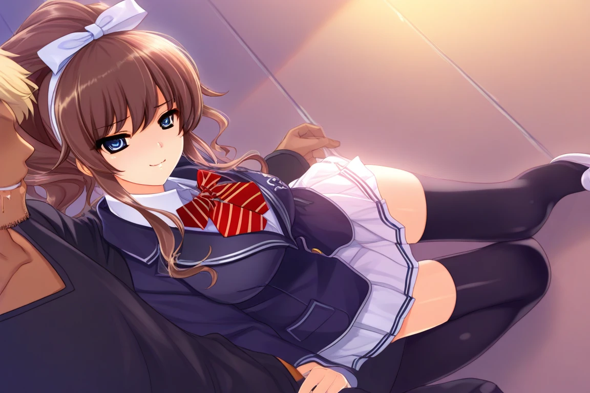 1girl, <lora:hanamiya_nagisa:1>,hanamiya_nagisa,brown_hair,ponytail,long hair,blue eyes,hair bow,hanamiya_nagisa_outfit,school uniform,blazer,bow,jacket,pleated skirt,ribbon,skirt,thighhighs,black thighhighs,,zettai ryouiki,shoes,blissful smile, half-closed eyes, flushed cheeks, dazed expression, drooling, content smile, mouth slightly open, masterpiece, best quality, amazing quality, newest, <lora:gyaruo-illustriousxl-lora-nochekaiser:1>, gyaruo, dark-skin, dark-skinned male, faceless male, faceless, netorare, blonde hair, no eyes, short hair, facial hair, 1boy