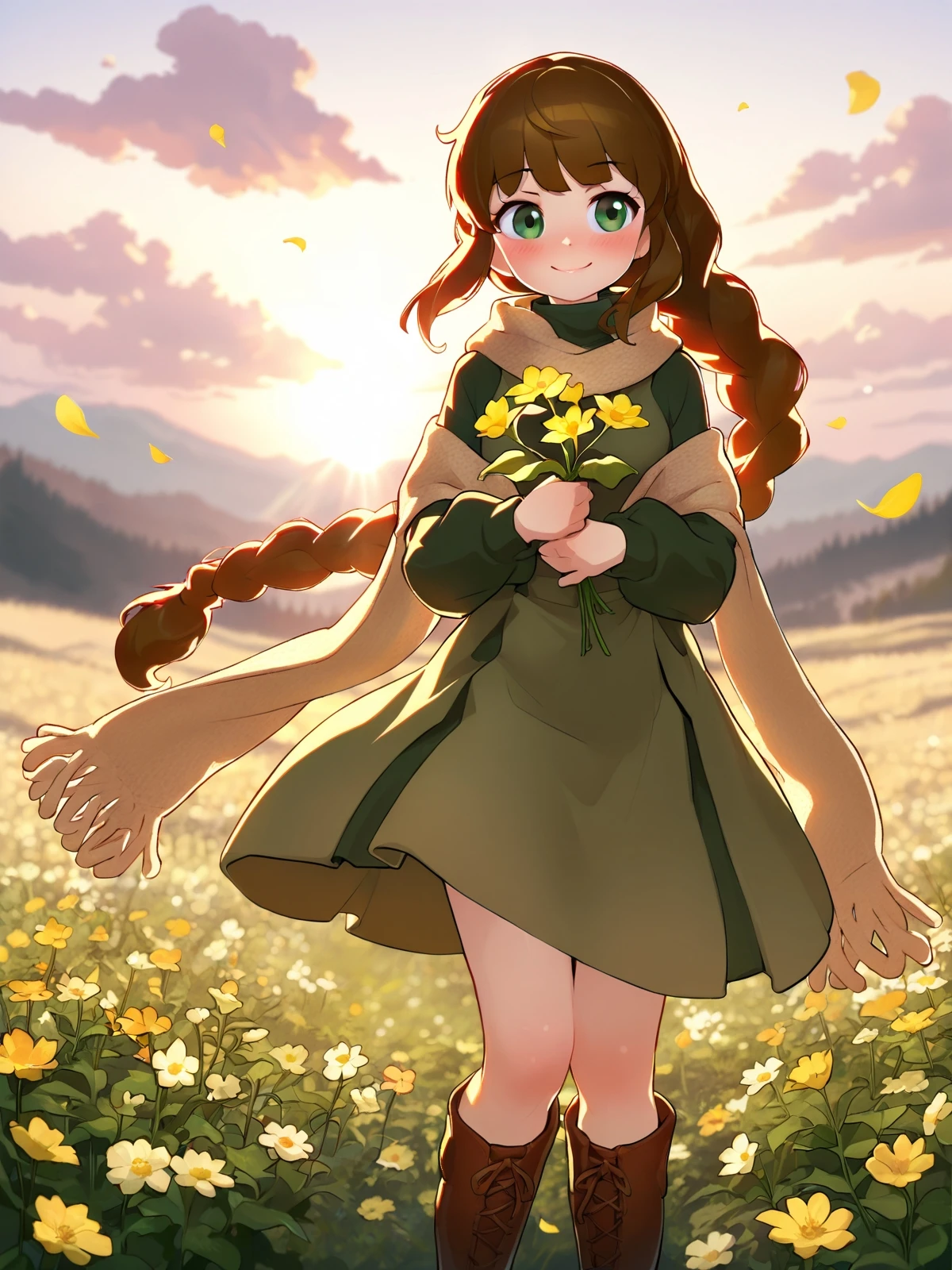 cinematic film still 1girl,solo,2D anime style,(long braided hair:1.1) with soft pastel tips,oversized knitted scarf,(turtleneck dress:1.05),knee-high lace-up boots,(holding dried flowers:1.1),abstract meadow background,blurred wildflowers,flying petals,monochrome clouds,Rodecchi model style,soft blush,(gentle smile:1.1),wind-blown bangs,paper texture overlay,muted green accents,(sunlight through leaves:0.9),no explicit details,minimalist composition,<lora:Rodecchi:1>, . shallow depth of field, vignette, highly detailed, high budget, bokeh, cinemascope, moody, epic, gorgeous, film grain, grainy