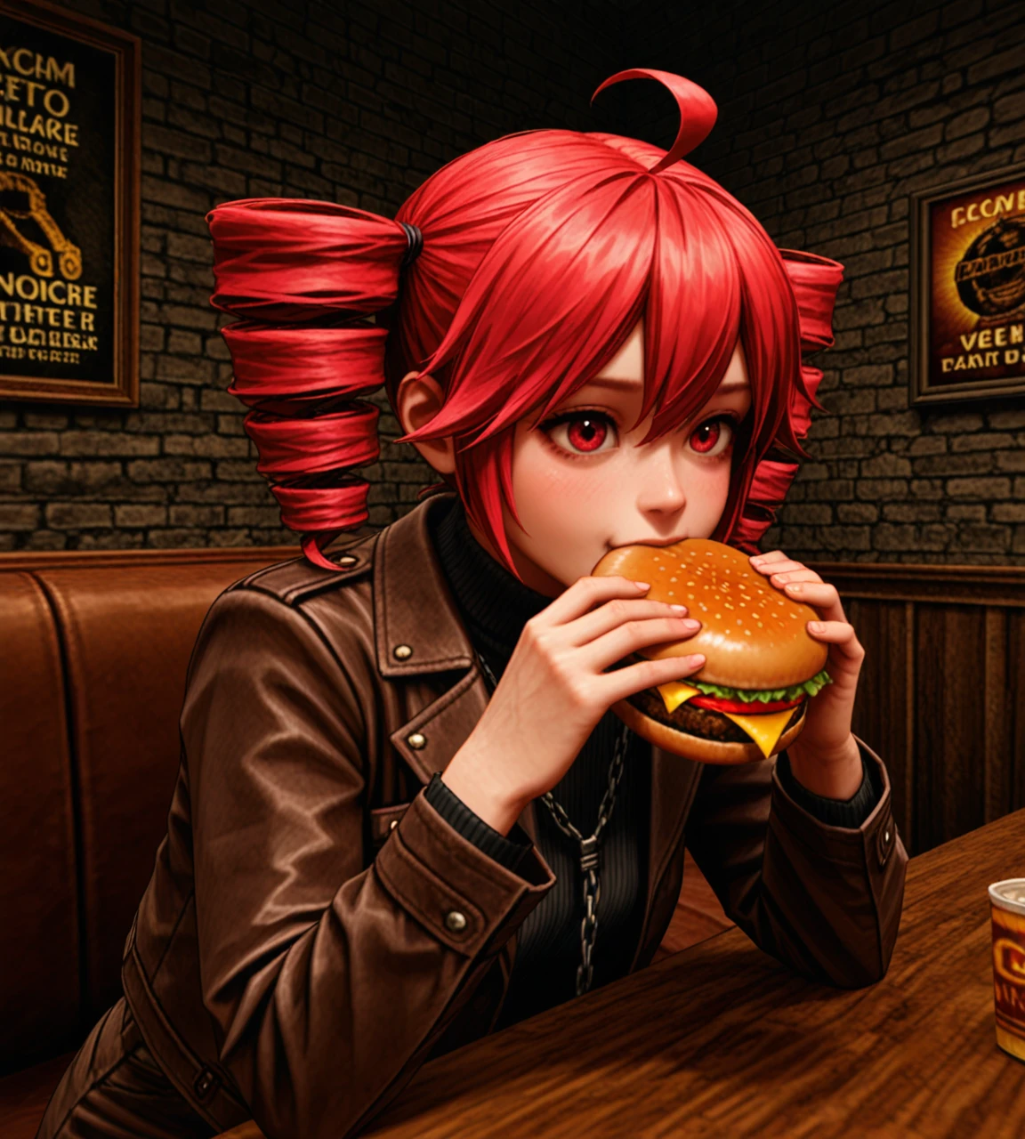 kingpin, realistic, masterpiece, best quality, amazing quality, realism, hyperrealistic, cinematic lighting, extreme close-up, upper body, kasane teto, solo, leaning on metal railing, intense expression, confident eyes, old worn brown leather jacket, black turtleneck, brown pants with chain accessory, black boots, bar (place), brick wall, wooden interior, wooden table, old worn out leather sofa, eating burger, <lora:dmd2_sdxl_4step_lora:1> <lora:Kingpin_-_Life_of_Crime_Style_E17_DIM16_ILXL_V1.2:0.8>