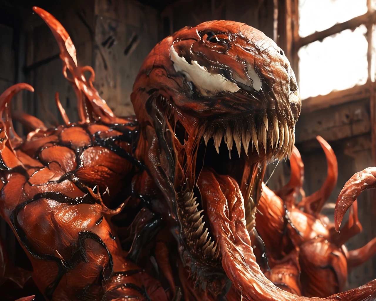 score_9, score_8_up, score_7_up, score_6_up, score_5_up, score_4_up, score_beautiful, upper body, masterpiece, an extremely detailed and delicate,extremely fine and beautiful, (masterpiece:1.2), (best quality:1.2), sharp focus, (8k), beautiful, high quality, (highres:1.1), (depth of field),realistic, best quality,masterpiece,ultra high res,(photo realistic:1.2), detailed, extremely detailed 4K, intricate, hyper detailed, illustration, soft lighting, high resolution, sharp detail, perfect lighting, Ca1na_ge, teeth, 1boy, solo, darkness, shadow, monster, sharp teeth, claws, no humans, tongue, muscular, saliva, long tongue, tongue out, tentacles, white eyes, red skin, <lora:Carnage_from_Marvel_Universe:0.95>, <lora:Light_ControlSD15_LeftRight:1> Light, <lora:DarknessSD:2>, <lora:dark_aura_xl:1>