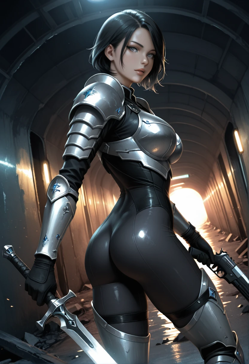 masterpiece, best quality, ultra realistic, hyper-detailed, 8k resolution, RAW photo, sharp focus, (1girl), solo, gorgeous face, slim body, Firm chest, teen female, 15yo, portrait, mecha, dark grey armor, nanosuit, sexy, short hair, cinematic, butt, Buttocks, cameltoe, cute bum, cinematic light, dark theme