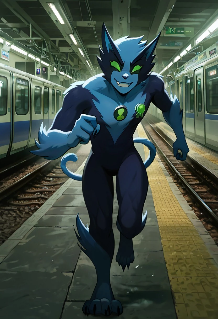 masterpiece, best quality, amazing quality, very aesthetic, absurdres, newest,, detailed background,
fastrack, solo, blue skin, green eyes, claws, green badge, fang,, feline tail, wide jaw, masculine, blue chest, digitigrade legs,
subway station, running from train, metro train, on tracks, train tracks, dark, smile, teeth,