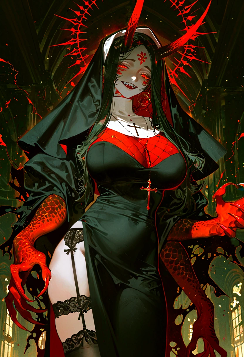 (masterpiece, best quality, high resolution, absurdres, newest,very aesthetic, amazing quality,impressionism style, ,Fabulous artwork,Volumetric image,),
au (d elete), rella, eboda-x, pigeon666, reoen, rei \(sanbonzakura\), ask \(askzy\), 1girl,mature female,tall female,muscular,large breasts,sharp teeth,glowing eyes,half-closed eyes,side slit,nun,cross necklace,black garter belt,torn clothes, shaded face, close-up,red tint,high contrast,light particles,light leaks,dark theme,dark background,flying debris,fighting stance,indoors,blood,monster girl,horror \(theme\),body horror,medium horns,multiple arms,monster arms,large claws,electric dark aura,monster head,demonic face,magic,, best quality, amazing quality, very aesthetic, absurdres, best quality, masterpiece, newest, vivid colors,,