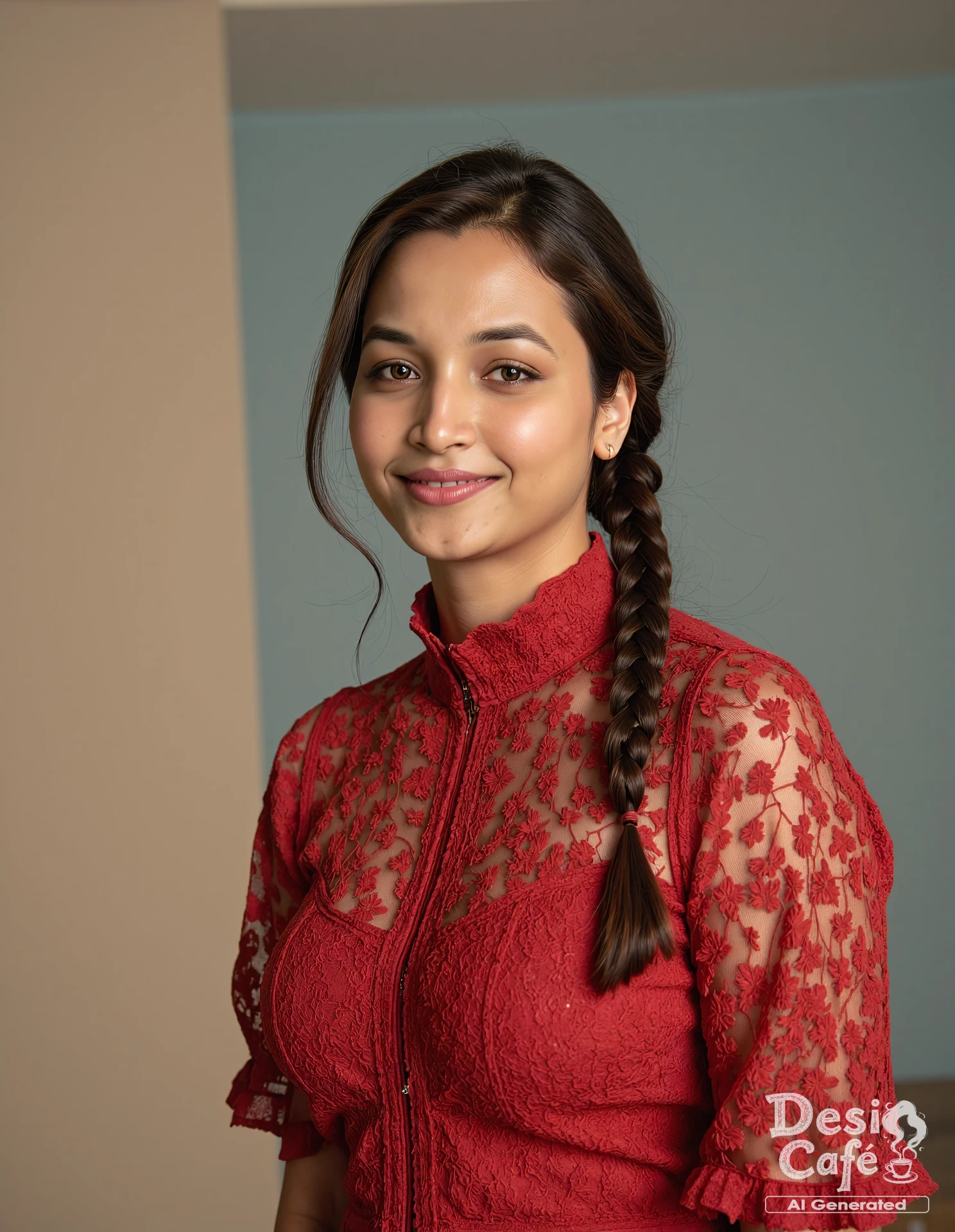 cowboy shot photo of sr1n2dh1 sh3tty woman, hyper realistic photo that is safe for work, shy smile, studio quality image with natural colors, well dressed wearing intricate turtleneck Red floral summer dress, hair styled as  french plait,muted pastel shaded multicolored background that contrasts with the person, cinematic lighting,âââââ âââ<lora:sr1n1dh1_sh3tty_Srinidhi_Shetty_Flux_Kohya_V1:1>âââ