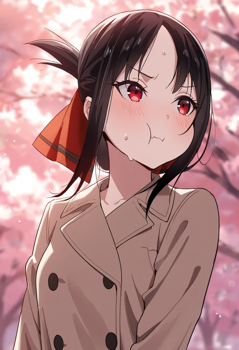 masterpiece, best quality, good quality, very awa, newest, highres, absurdres,outdoors,KaguyaShinomiya-LoveIsWar,Kaguya Shinomiya \(Love is War\), 1girl, solo, blush, bangs, black hair, red eyes, long sleeves, ribbon, closed mouth, hair ribbon, upper body, sidelocks, sweat, red ribbon, coat, parted bangs, looking away, pink background, folded ponytail, :t, brown coat
, <lora:Kaguya Shinomiya (Love is War) Illustrious v2:0.8>