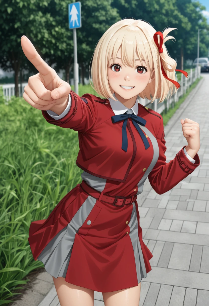 realistic,photograph,
1girl,teen,
solo,
nishikigi chisato,
blonde,
Lycoris Recoil,
Lycoris uniform,
pointing viewer,
looking at viewer,
cowboy shot,
standing,
wind,
big smile,
blush,
shiny hair,
outdoor,
best hand,
masterpiece,
best quality,
ultra detailed