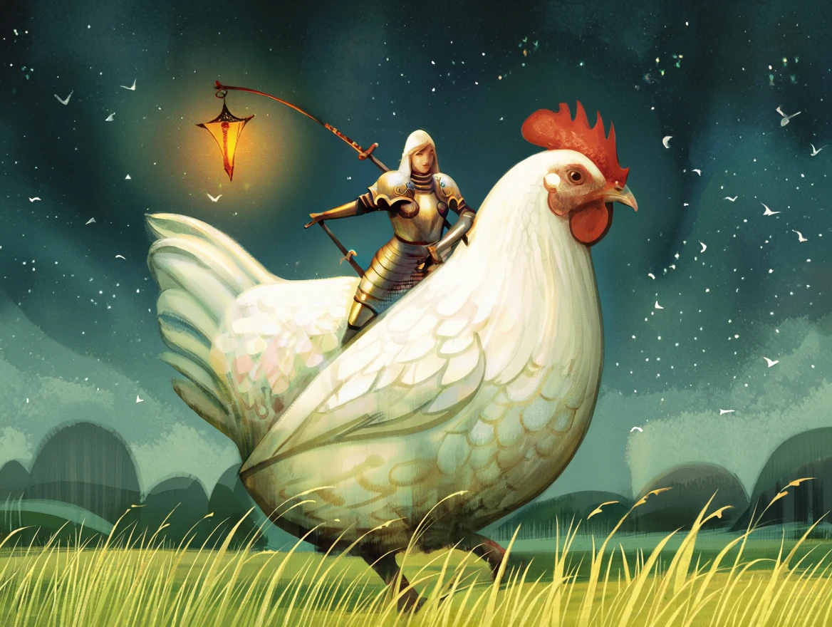 Seb Mckinnon illustration style. A female knight riding a giant white chicken. The female knight has a lantern on a long pole and her arms are wrapped around the chickens neck. The foreground is a grassy march.