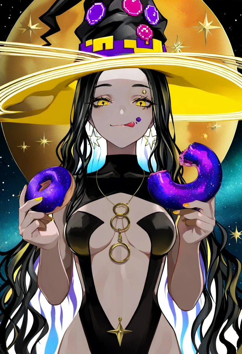 1girl, hat, solo, breasts, food, tongue out, long hair, tongue, holding food, doughnut, yellow eyes, looking at viewer, black headwear, witch hat, holding, yellow nails, jewelry, star \(sky\), earrings, black hair, licking lips, moon, very long hair, leotard, hands up, :q, piercing, medium breasts, halo, upper body, starry sky, multicolored hair, smile <lora:LAMXL_NBVP1_lokr_V6311PZ:0.95>