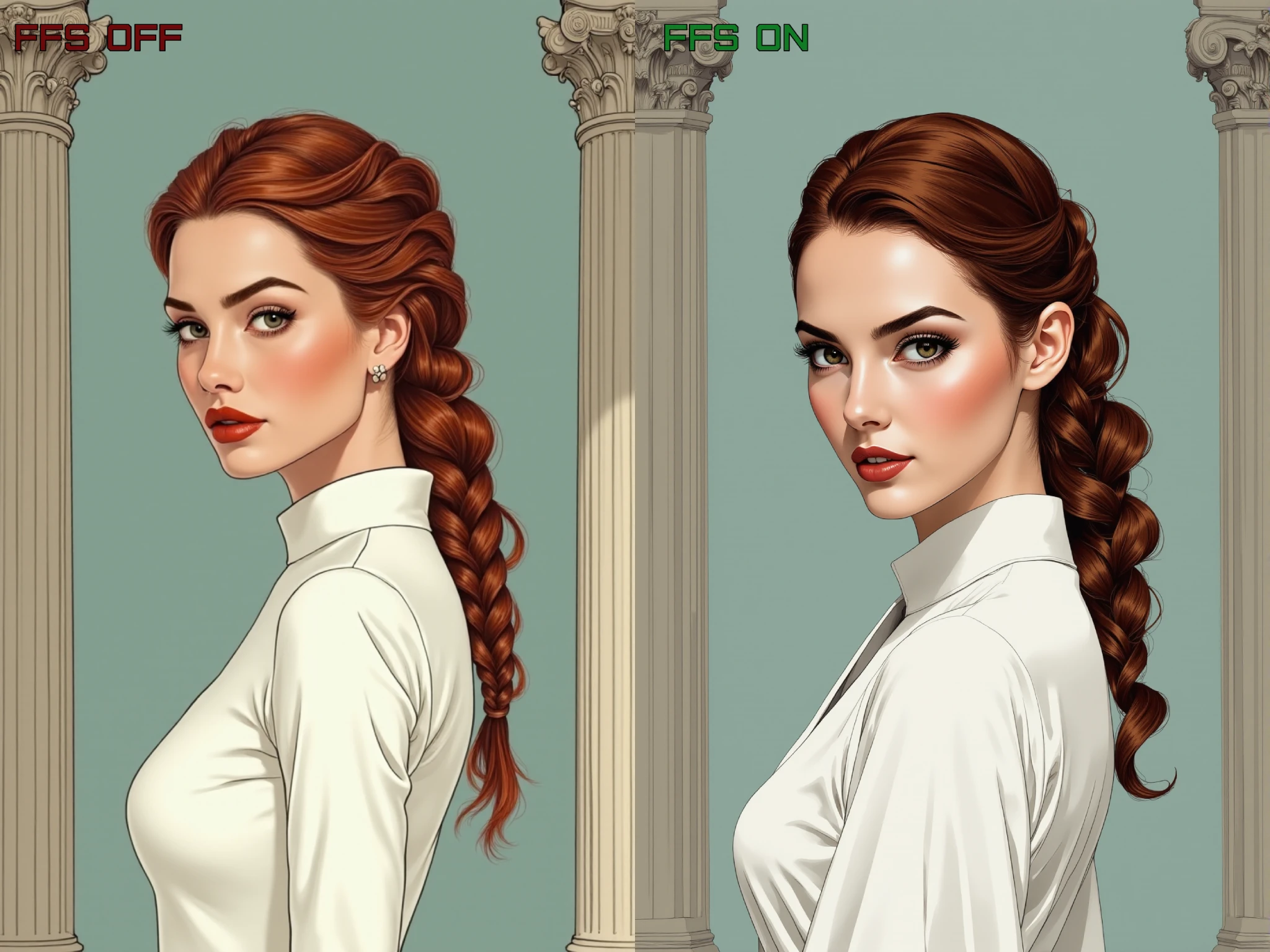 <lora:FFS_v.6:0.8>
A poised and commanding woman stands in a neoclassical architectural setting, her auburn hair swept into an intricate low-twist braid cascading over her shoulder in rich, sculptural waves. She wears a structured high-collared white garment that merges minimalist tailoring with regal refinement, its pristine form enhanced by clean linework and subtle shadowing. Her gaze is steady and intelligent, framed by bold arched brows and sea-glass eyes that pierce through the viewer with quiet strength. Burnt sienna lips add a controlled pop of color that balances the muted teal and ivory hues of the ornate, columned background adorned with fluted pilasters and sculpted friezes. The visual style blends vectorial precision with fine-art stylization, combining sharp contours with soft gradients for a refined graphic novel aesthetic. The composition is centered and formal, radiating a sense of classical elegance, dignity, and intellectual presence with a harmonious blend of historical and contemporary elements.