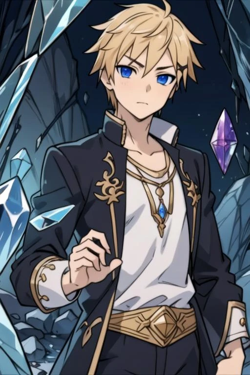 masterpiece, best quality, , 1boy, solo, male focus, looking at viewer, upper body, depth of field, , realistic, <lora:banri_watanuki:0.72>, banri_watanuki, blonde hair, blue eyes, renaissance costume, The Crystal Cave: A fantastical place where gemstones and crystals grow in abundance,