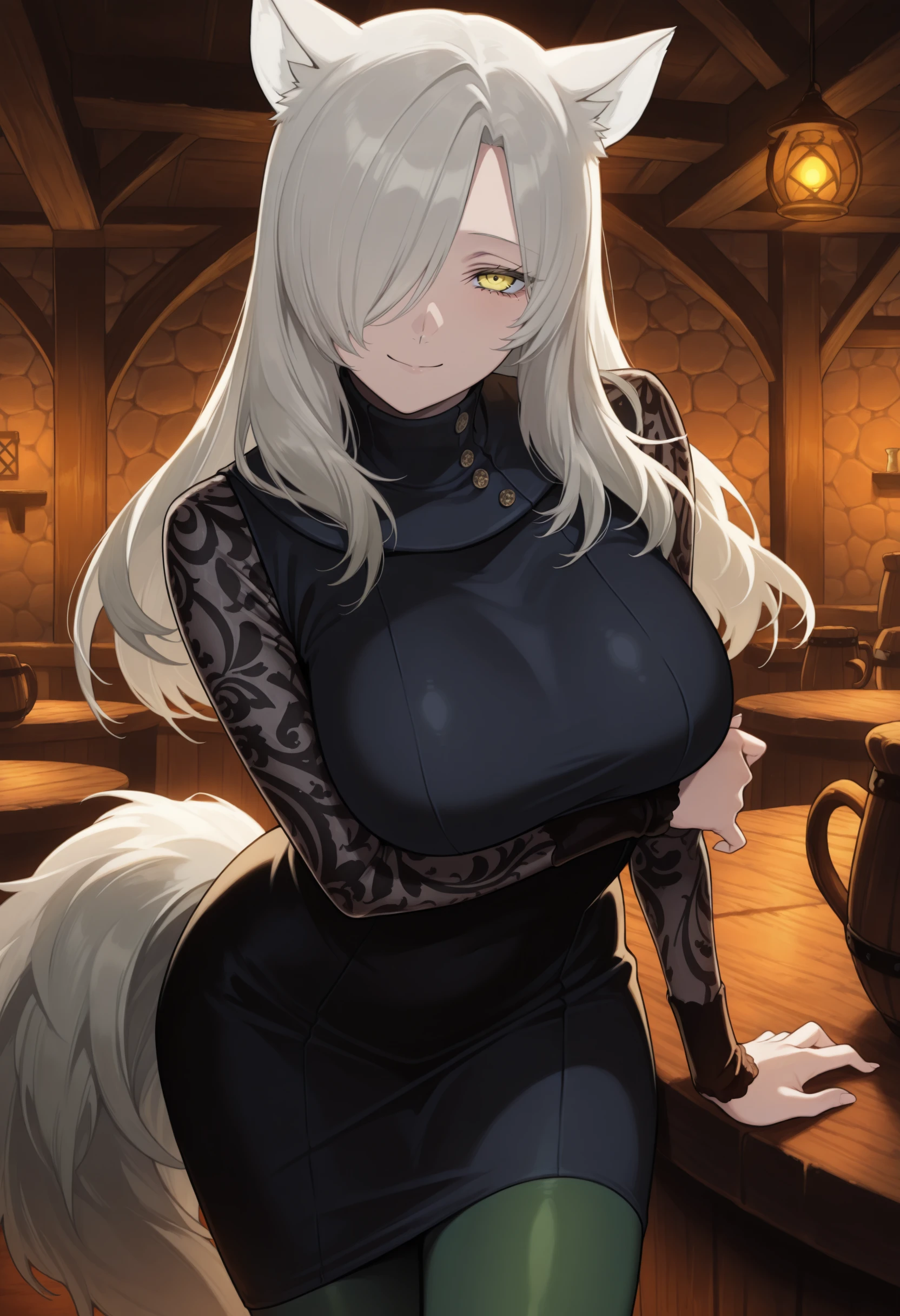 masterpiece, best quality, solo, 1girl, smile, looking at viewer, <lora:FabienneV2-illus_Fp:1>, fabienne, grey hair, yellow eyes, wolf tail, wolf ears, hair over one eye, turtleneck dress, lace sleeves, black dress, green pantyhose, large breasts, indoors, tavern,