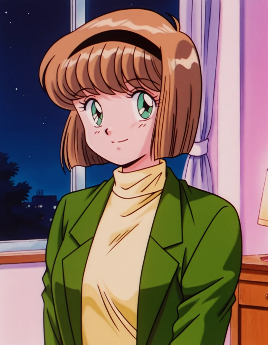 detailed background, detailed face, retro style , <lora:Miki_Hosokawa_-_Jigoku_Sensei_Nube:1>,1girl, solo, arms behind, Miki H, brown hair, short hair,bangs, green eyes, black hairband, large breast, slim waist, green jacket, yellow sweater, turtle neck, red skirt,  female bedroom, indoors, night time, smile, closed mouth, seductive, looking at viewer, warm light,