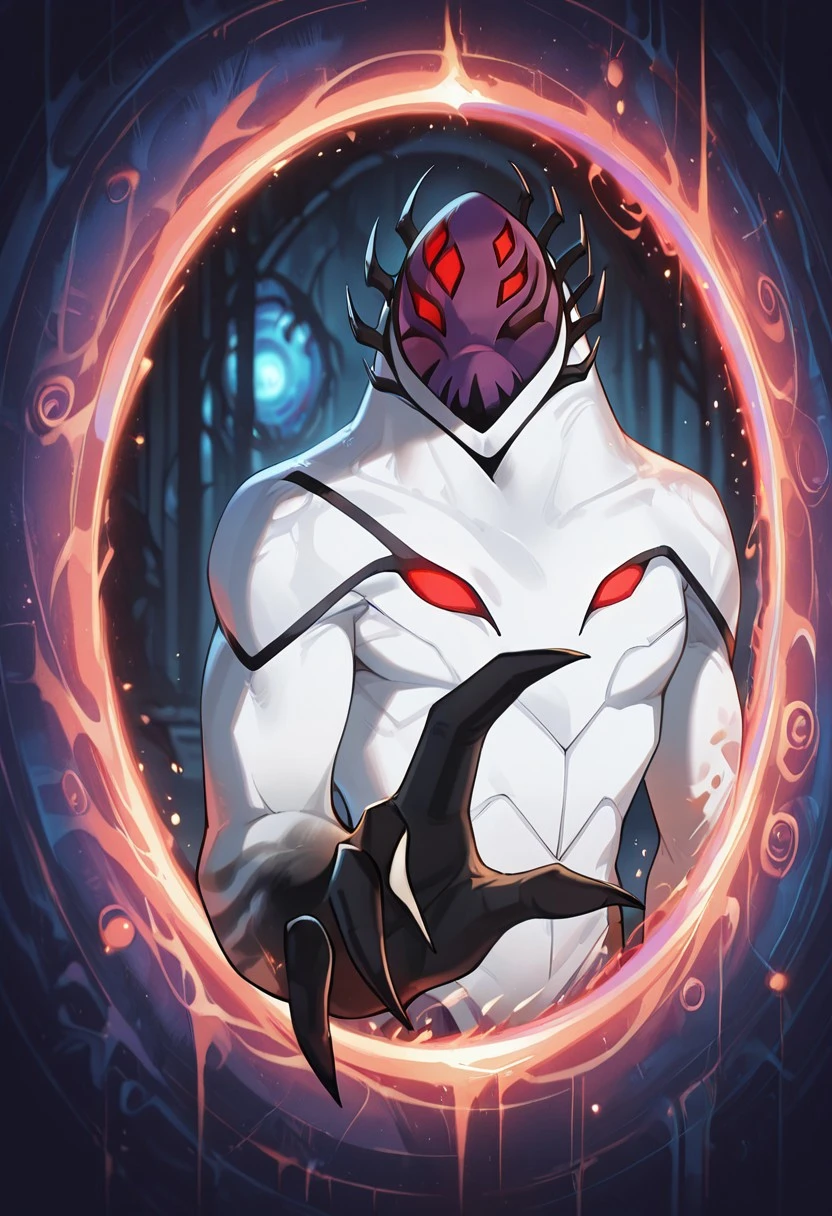 masterpiece, best quality, amazing quality, very aesthetic, absurdres, newest,, detailed background,
highbreed, extra eyes, solo, alien, white skin, purple face, , monster, red eyes, black hands, , claws, black head spikes, white body,
emerging from portal, leaving portal, p0rtalreach, portal, arm reaching through portal, blue portal,