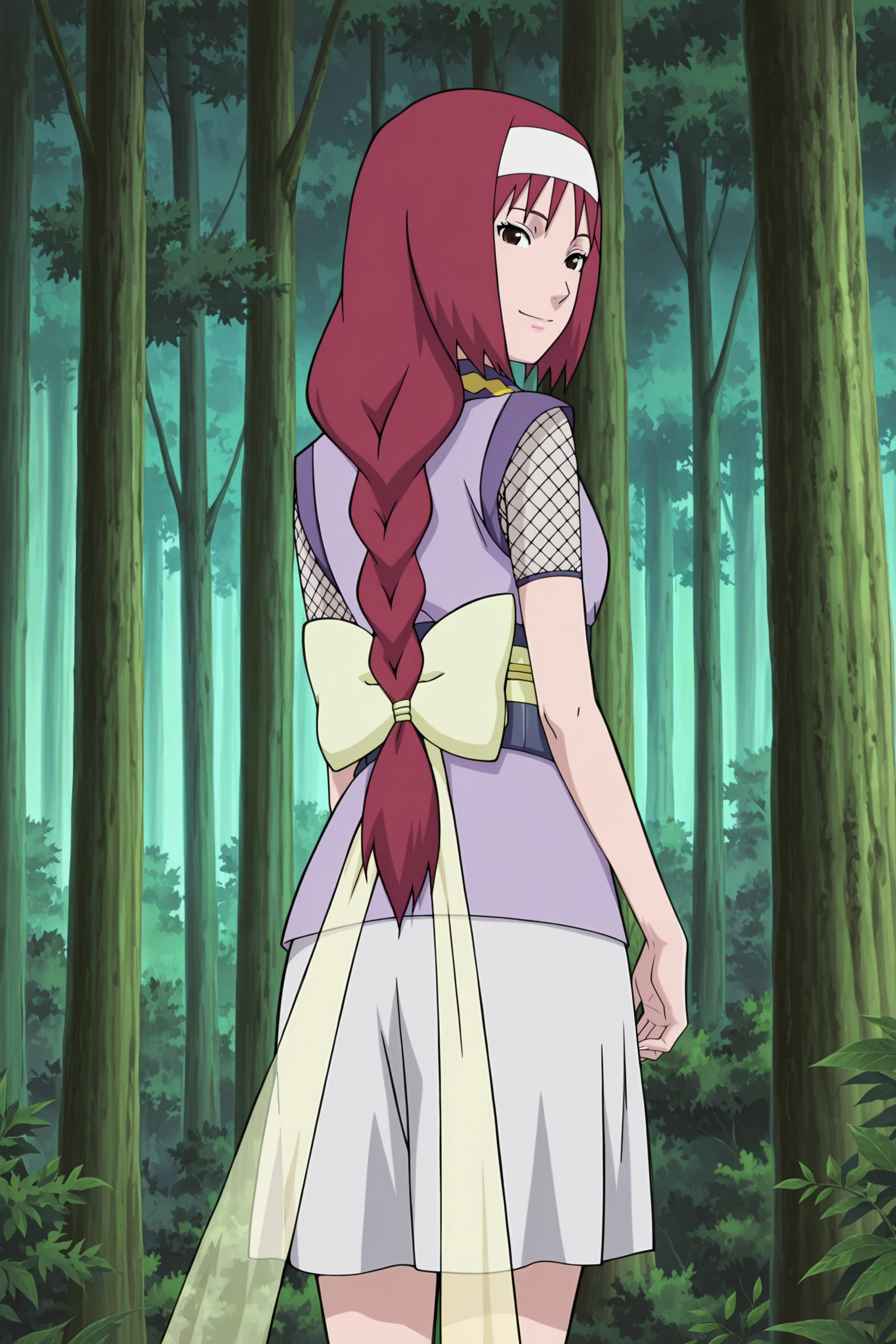 anime screencap, anime coloring, detailed face, masterpiece, best quality, very aesthetic, absurdres, volumetric lighting, official style, amazing quality, ultra detailed, highres, amazing quality, scenery, beautiful detailed hair, beautiful detailed eyes,
<lora:StS-Illustrious-Detail-Slider-v1.0:4>
<lora:Honoka_Naruto_Shippuden:1>,
Honoka (Naruto character), nature, solo, forest, braid, long hair, red hair, 1girl, tree, from behind, outdoors, single braid, bow, standing, looking back at the viewer, sexy smile