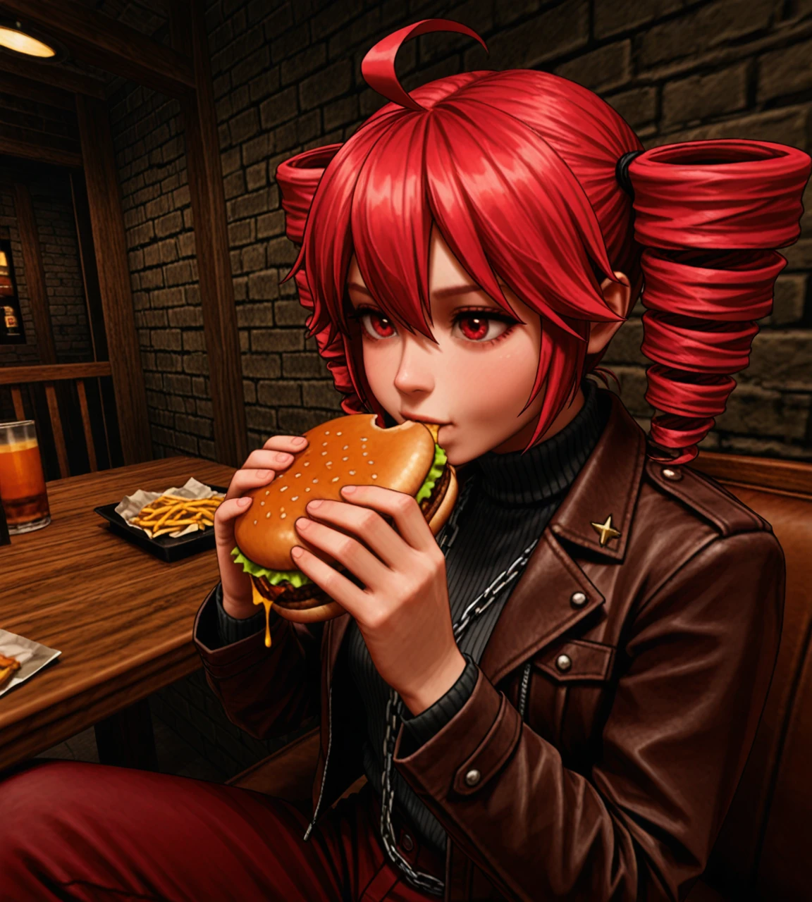 kingpin, realistic, masterpiece, best quality, amazing quality, realism, hyperrealistic, cinematic lighting, extreme close-up, upper body, kasane teto, solo, leaning on metal railing, intense expression, confident eyes, old worn brown leather jacket, black turtleneck, brown pants with chain accessory, black boots, bar (place), brick wall, wooden interior, wooden table, old worn out leather sofa, eating burger, <lora:dmd2_sdxl_4step_lora:1> <lora:Kingpin_-_Life_of_Crime_Style_E17_DIM16_ILXL_V1.2:0.8>