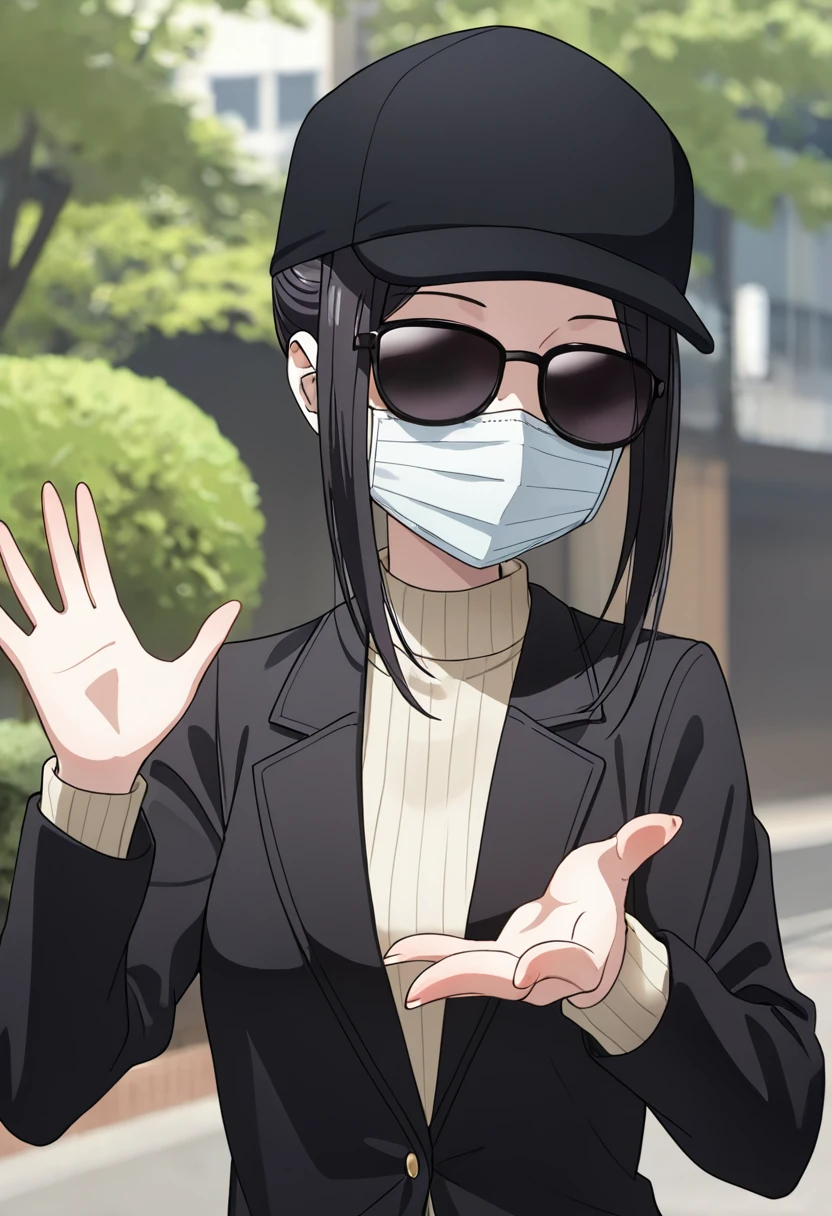 masterpiece, best quality, good quality, very awa, newest, highres, absurdres,outdoors,KaguyaShinomiya-LoveIsWar,
Kaguya Shinomiya \(Love is War\), 1girl, solo, black hair, long sleeves, hat, jacket, sidelocks, sweater, black jacket, hands up, black headwear, mask, turtleneck, parody, sunglasses, ribbed sweater, meme, turtleneck sweater, mouth mask, beanie, surgical mask
, <lora:Kaguya Shinomiya (Love is War) Illustrious v3:0.8>