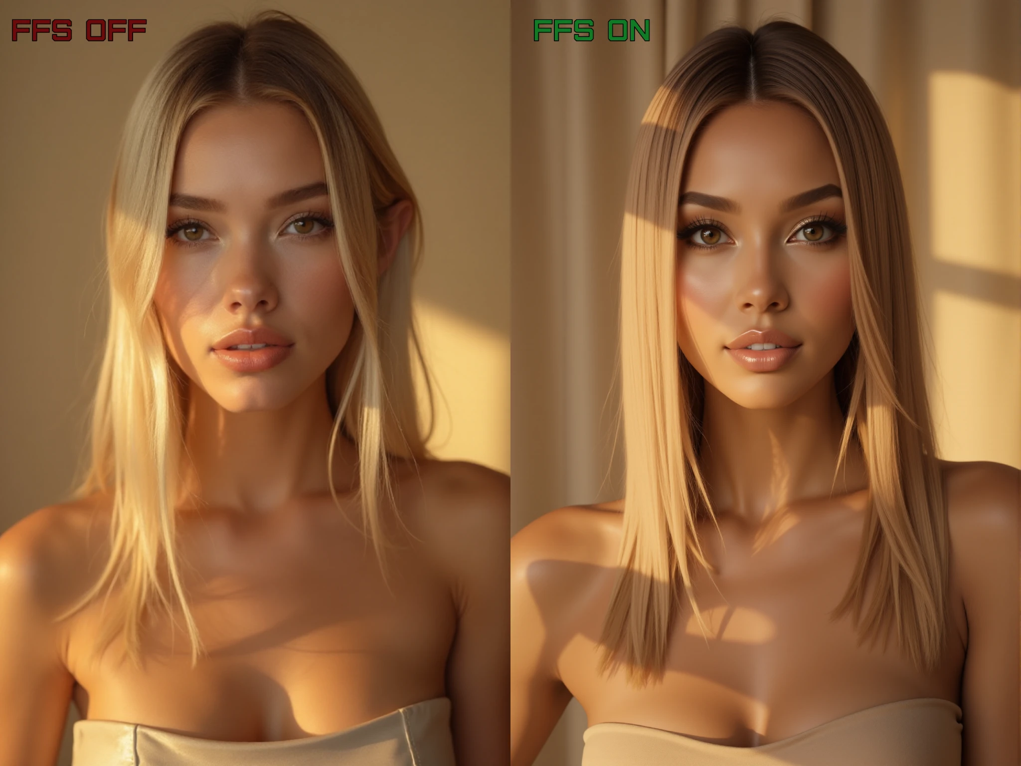<lora:FFS_v.6:0.8>
A photorealistic glamour portrait of a woman with sleek, sunlit blonde hair parted at the center, her strands falling in soft, straightened lines that frame her symmetrical face. Her skin glows with a radiant bronze finish, meticulously highlighted along the cheekbones, collarbones, and cupid’s bow to accentuate natural structure and depth. Almond-shaped hazel eyes gleam under precision eyeliner and fluttery lashes, while her full lips shimmer with a glossed peach-nude hue, harmonizing with the satin beige backdrop and strapless top. The image is composed in a tight, symmetrical close-up with a high-fashion aesthetic, using a soft-focus lens and ambient golden lighting to deliver a creamy, flawless complexion and luxe mood. The tonal palette embraces warm monochromes and metallic highlights, merging editorial beauty photography with cinematic softness for a timeless, aspirational presentation.