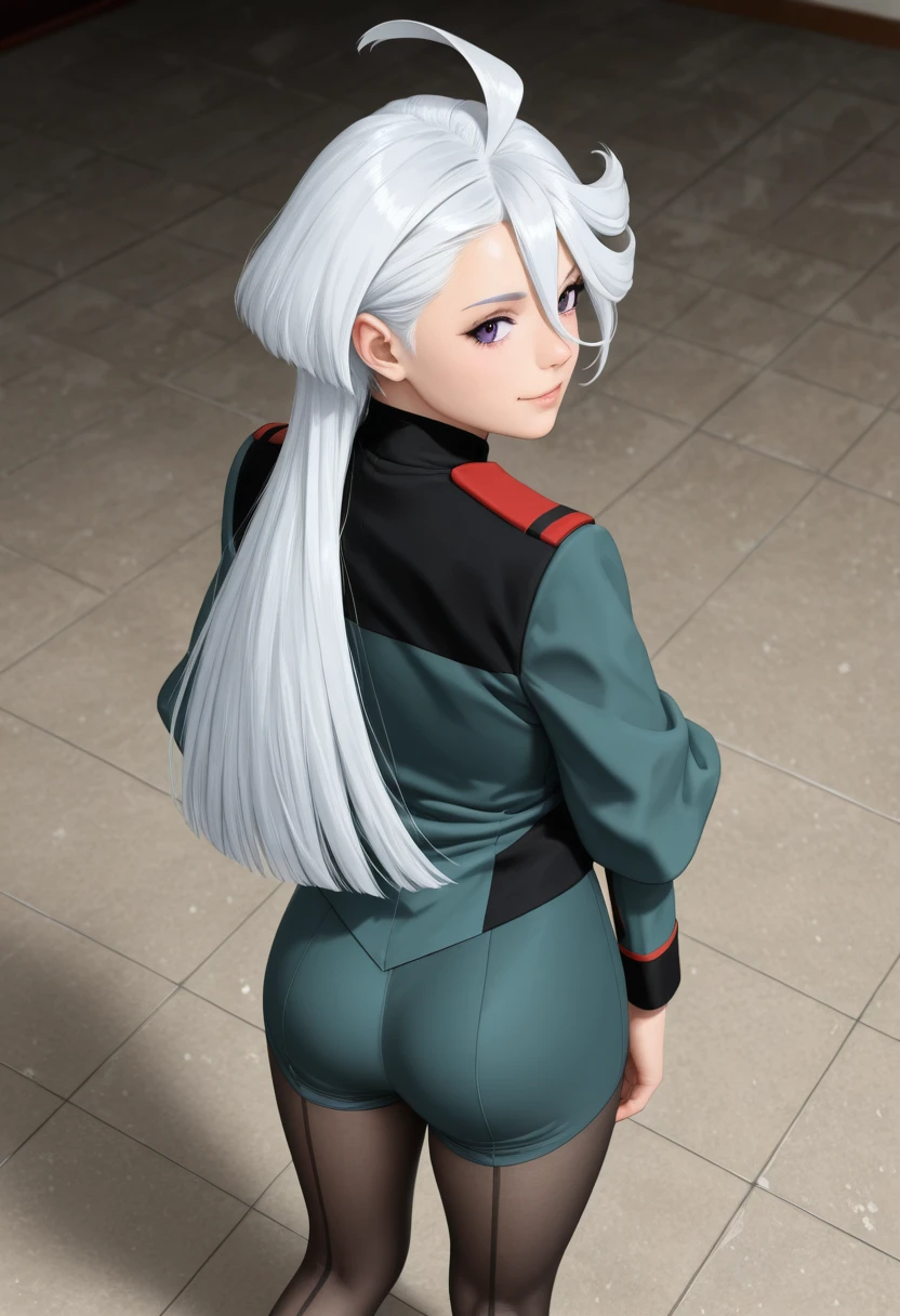 realistic,photograph,teen,
miorine rembran,
green uniform,
white hair,
Witch of Mercury,
1girl,solo,Melty smile,
indoor,
school floor,
looking back,
looking down,from above,looking at viewer,
pantyhose,
cowboyshot,
masterpiece,
best quality,
amazing quality,
ultra detailed