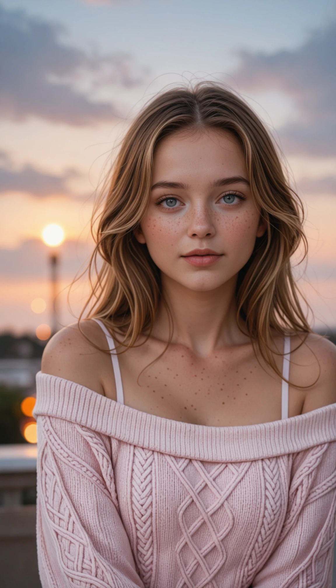 masterpiece, best quality, amazing quality, very aesthetic, high resolution, ultra-detailed, absurdres, scenery, photo, realistic, 1girl, mysterious girl with freckles, an exotic girl in off-shoulder sweater, fading backlit background, pastel colors, alluring goddess, amazing depth, double exposure, surreal, geometric patterns, intricately detailed, bokeh, perfect balanced, deep fine borders, artistic photorealism, smooth, BREAK, depth of field, photorealistic details