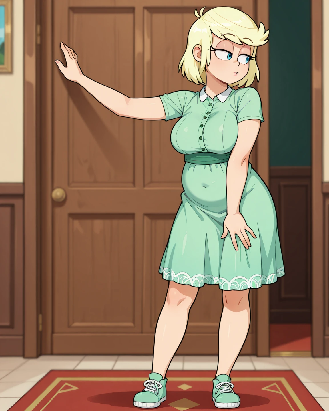 1girl, sexy naked 14yearold blonde cheerleader is standing at the front of her crowded classroom and is lifting her skirt to show her clasmates her pussy