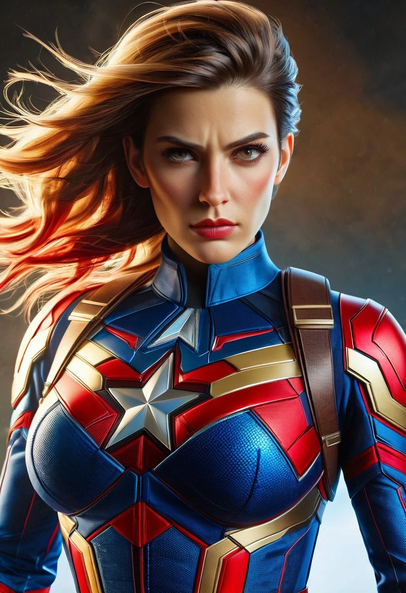 (high quality), (masterpiece), (detailed), 8K, Hyper-realistic illustration depicts (female superhero1.3) wearing (Captain America armor1.2) with (vivid red and blue tones1.2) and (golden accents1.1), focusing on (upper body1.2) with (intricate suit details1.2) and (confident expression1.1).