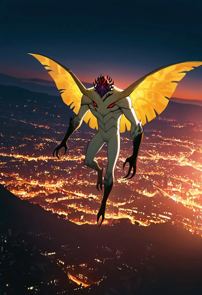 masterpiece, best quality, amazing quality, very aesthetic, absurdres, newest,, detailed background,
highbreed, extra eyes, solo, alien, white skin, purple face, , monster, red eyes, black hands, , claws, black head spikes, white body,
wings, yellow wings, flying, above city, city view, night time, cinematic, movie scene, background blur,