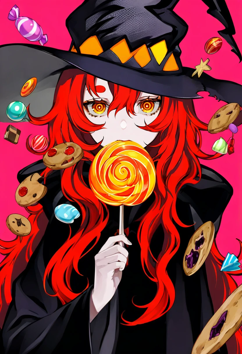 food, 1girl, lollipop, candy, hat, witch hat, red hair, solo, long hair, holding food, holding, red background, swirl lollipop, simple background, looking at viewer, hair between eyes, witch, upper body, holding candy, black headwear, long sleeves, holding lollipop, bangs, wide sleeves, orange eyes, yellow eyes, hood down, cookie, robe, pink background, hood, black robe, hand up <lora:LAMXL_NBVP1_lokr_V6311PZ:0.95>