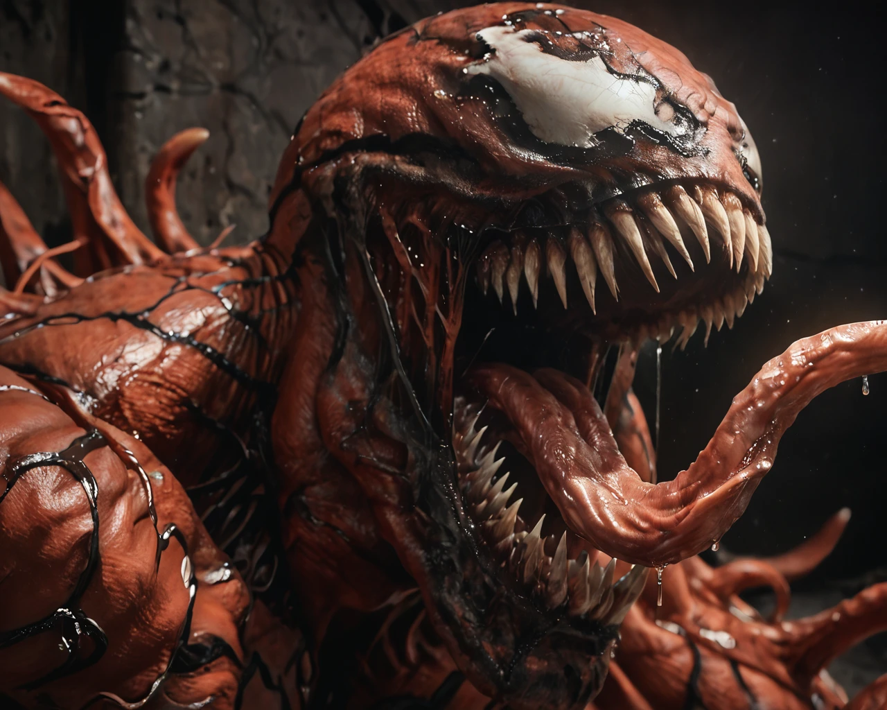 score_9, score_8_up, score_7_up, score_6_up, score_5_up, score_4_up, score_beautiful, upper body, masterpiece, an extremely detailed and delicate,extremely fine and beautiful, (masterpiece:1.2), (best quality:1.2), sharp focus, (8k), beautiful, high quality, (highres:1.1), (depth of field),realistic, best quality,masterpiece,ultra high res,(photo realistic:1.2), detailed, extremely detailed 4K, intricate, hyper detailed, illustration, soft lighting, high resolution, sharp detail, perfect lighting, Ca1na_ge, teeth, 1boy, solo, darkness, shadow, monster, sharp teeth, claws, no humans, tongue, muscular, saliva, long tongue, tongue out, tentacles, white eyes, red skin, <lora:Carnage_from_Marvel_Universe:0.95>, <lora:Light_ControlSD15_LeftRight:1> Light, <lora:DarknessSD:2>, <lora:dark_aura_xl:1>