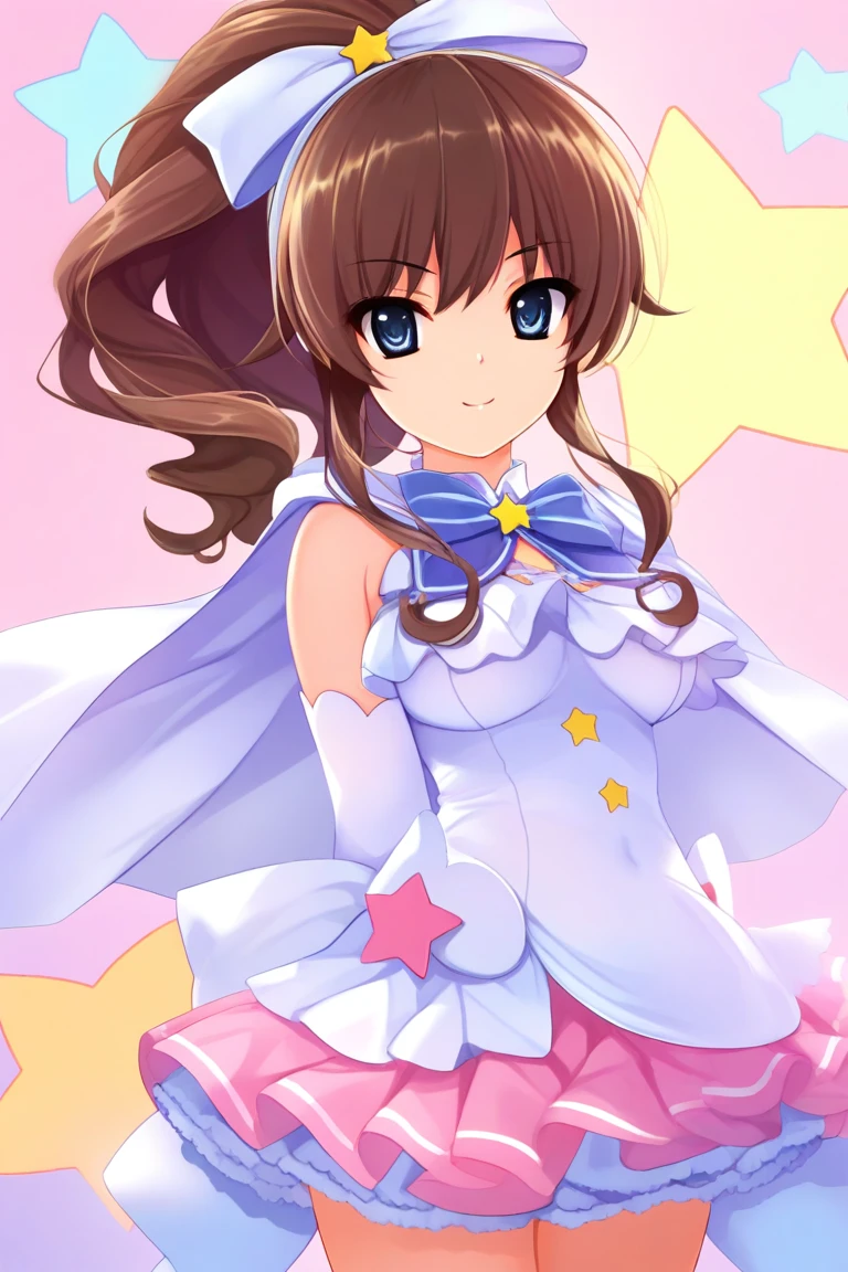 1girl, <lora:hanamiya_nagisa:1>,hanamiya_nagisa,brown_hair,ponytail,long hair,blue eyes,hair bow,magical girl outfit, pastel colors, frilly skirt, star accessories, cape, sparkling, cute smile, masterpiece, best quality, amazing quality, newest