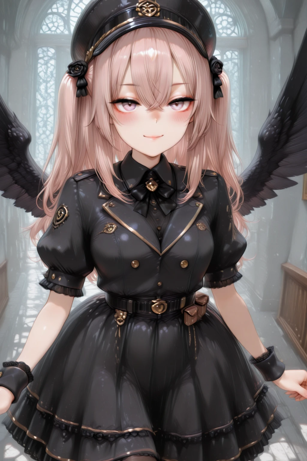 masterpiece, best quality, amazing quality, 1girl, solo, makeup, perspective, general, looking at viewer, dynamic angle, full body, serene smile, blush, hall, sunlight, detailed, ultra_beautiful, <lora:sajuna-inui-s1-illustriousxl-lora-nochekaiser:1>, sajuna inui, inui sajuna, long hair, bangs, hair ornament, hair between eyes, pink hair, pink eyes, two side up, crossed bangs, black flower, black rose, mature female, small breasts, <lora:Midnight_Conductor_Dream_Jacket_Dress:1>, Midnight_Conductor_Dream_Jacket_Dress, frilled dress, black dress, gold trim, frills, puffy short sleeves, wings, black wings, belt, belt pouch, hat, black headwear, peaked cap, bow, bowtie, ribbon, jacket, collared shirt, buttons, black pantyhose, wrist cuffs, boots, black footwear, <lora:wai-2Rectified-V140:1>, <lora:Arctenoxs_Refiner_LoRA:1>
