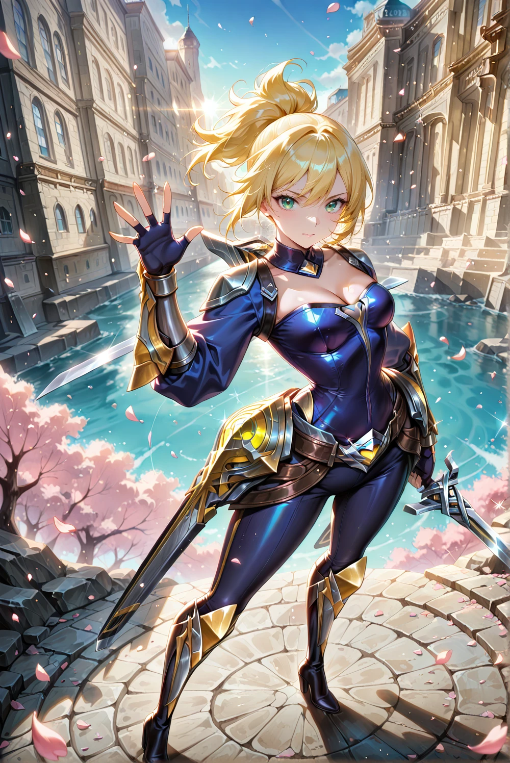 Artoria Pendragon (saber),Yellow theme,Flowing water theme,Promotional poster style,huge tit,armor,Sexy one-piece stockings,busty figure,Fleshy thighs