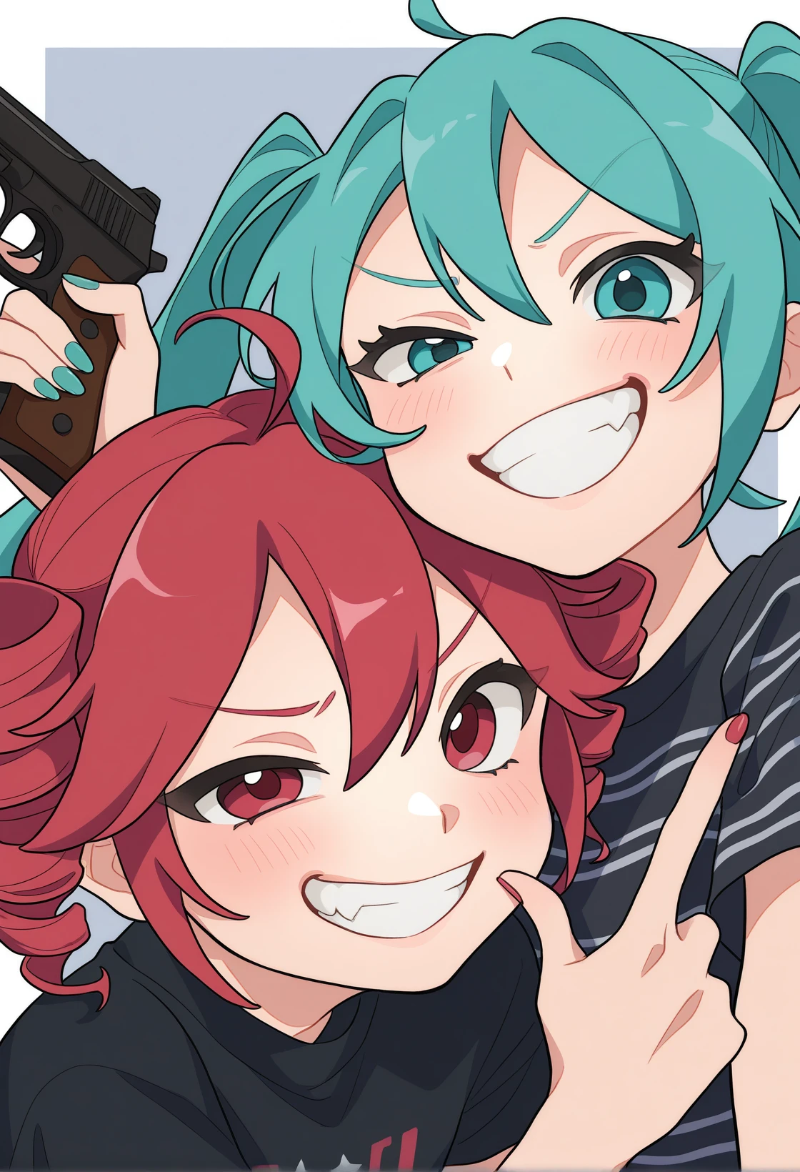 ahoge,open mouth,MCNsZe75uy0O,2girls,kasane teto,hatsune miku,long hair,grin,red eyes,smile,shirt,<lora:MCNsZetsuyoO03>
holding handgun,twin drills,hair between eyes,twintails,striped shirt,upper body,blue eyes,teeth,looking at viewer,aqua eyes
drill hair,short hair,red hair,raised eyebrow,short sleeves,uneven eyes,evil grin,black shirt,v-shaped eyebrows,blush
striped clothes,v,evil smile,aqua hair