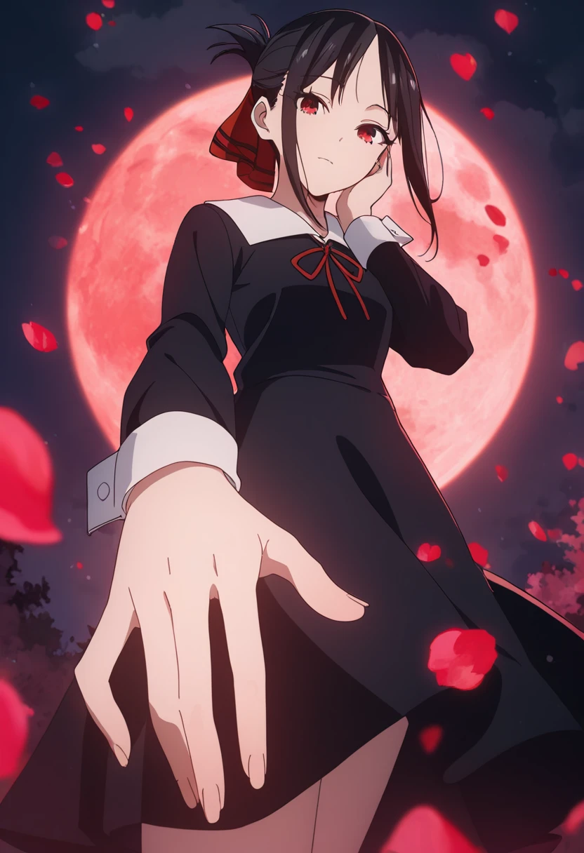 masterpiece, best quality, good quality, very awa, newest, highres, absurdres,outdoors,KaguyaShinomiya-LoveIsWar,
Kaguya Shinomiya \(Love is War\), 1girl, solo, looking at viewer, short hair, bangs, black hair, red eyes, long sleeves, dress, ribbon, closed mouth, school uniform, hair ribbon, sidelocks, sky, black dress, red ribbon, parted bangs, petals, neck ribbon, night, moon, from below, full moon, folded ponytail, outstretched hand, red moon
, <lora:Kaguya Shinomiya (Love is War) Illustrious v3:0.8>