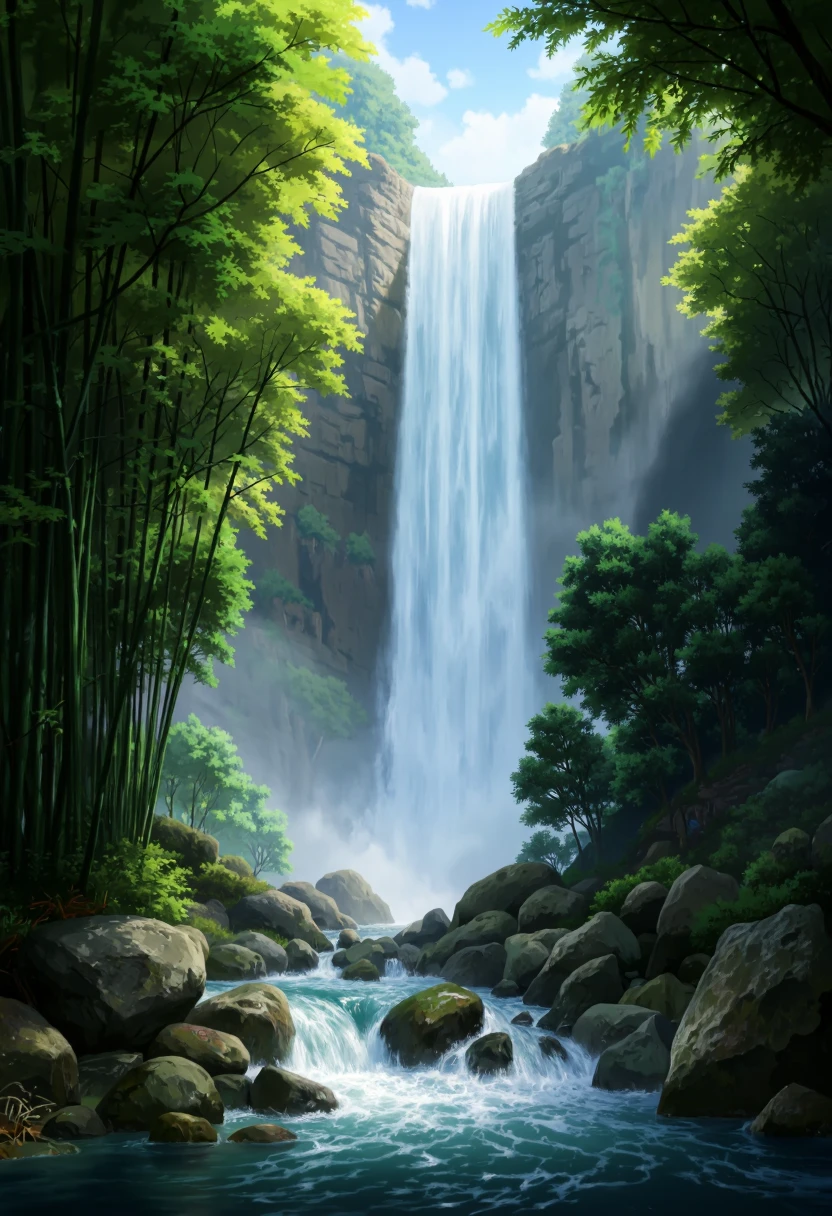 Misty bamboo forest, huge waterfall, rocky mountain, sunny, cartoony, soft, anime style, Hayao Miyazaki, Ghibli, Makoto Shinkai, Toei, Studio Trigger.