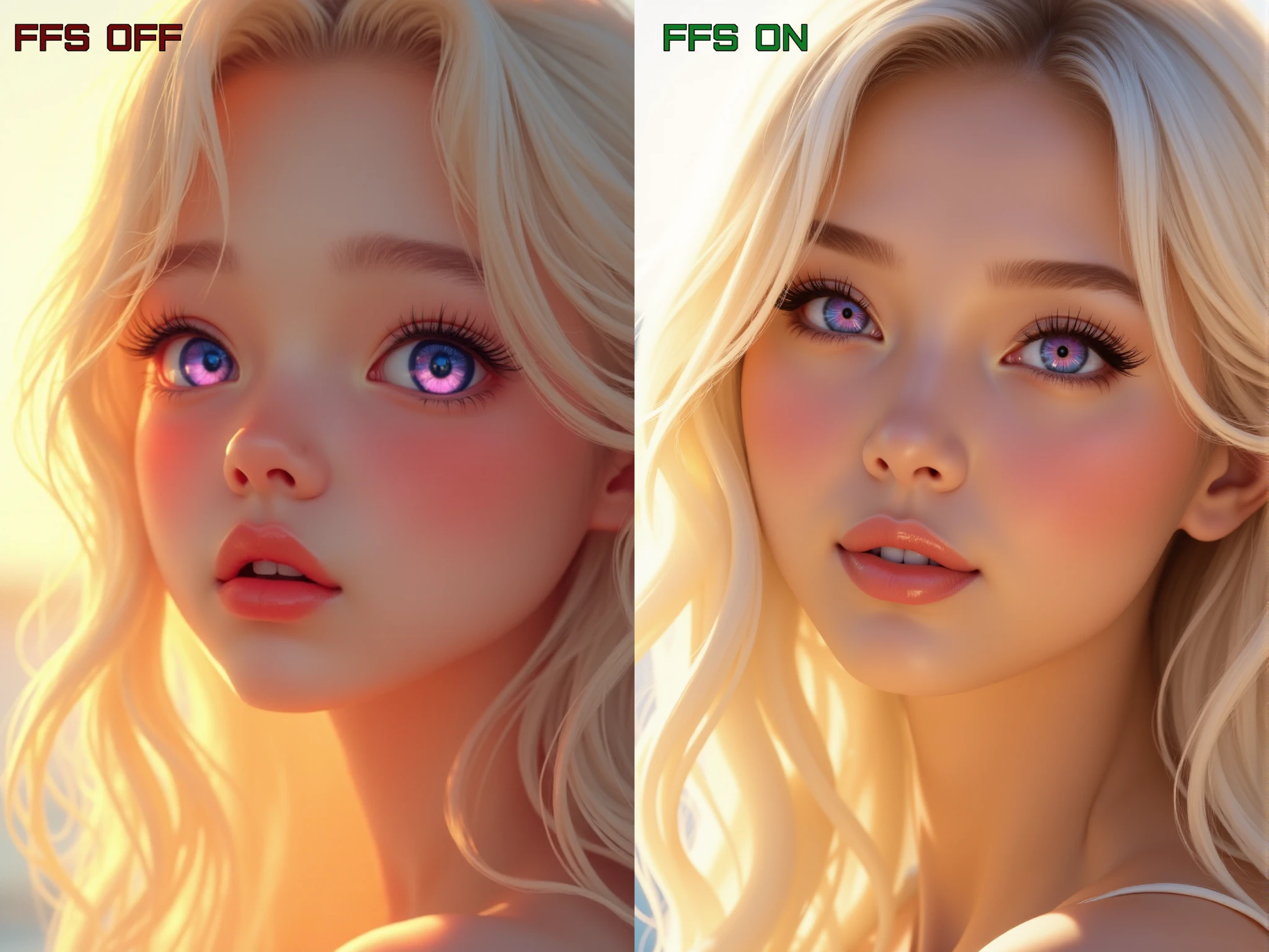 <lora:FFS_v.6:0.8>
A radiant close-up portrait of a young woman with luminous ivory-blonde hair cascading in soft, feathery layers, her strands glowing with sunlit highlights that flare against a warm, backlit gradient. Her gaze captivates with vividly iridescent violet eyes, glistening under a layer of glassy reflection, framed by dense lashes and bold, arched brows. Her skin is rendered in flawless peach-rose tones with a velvety sheen, subtly blushed along the cheeks and nose to suggest warmth and vitality. Glossy coral lips part slightly with a soft glimmer of light, adding sensual texture to her serene yet curious expression. The composition uses a low-saturation, pastel beige backdrop that elevates the brilliance of her pale hair and eye color, with the sun positioned off-frame to cast delicate rim lighting and lens flare. Executed in a refined anime-influenced style fused with digital airbrush realism, the visual tone is ethereal, softly luminous, and infused with dreamy summer warmth.