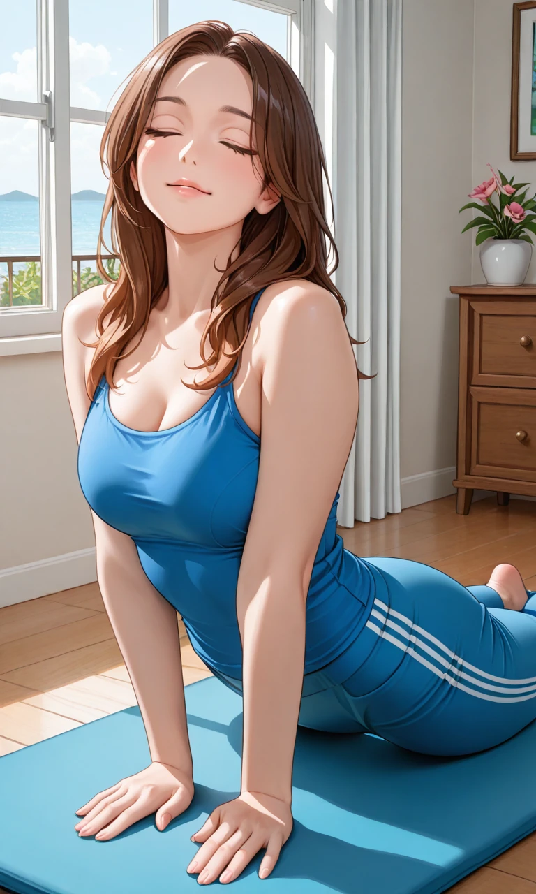 Sexy asian woman, big breasts, backless romper, booty shorts, photo from the side, yoga studio, big area