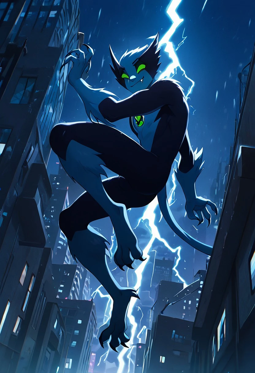 masterpiece, best quality, amazing quality, very aesthetic, absurdres, newest,, detailed background,
fastrack, solo, blue skin, green eyes, claws, green badge, fang,, feline tail, wide jaw, masculine, blue chest, digitigrade legs,
jumping from building, smile, falling, thunder, lightning, night city, city view, from bottom, close up shot,