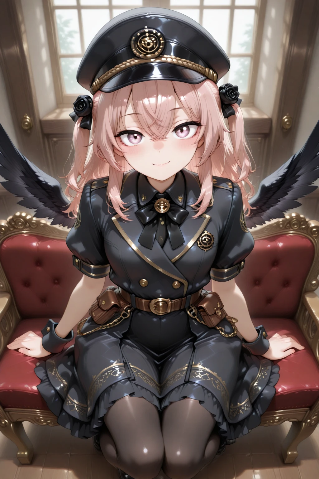 masterpiece, best quality, amazing quality, 1girl, solo, makeup, perspective, general, looking at viewer, dynamic angle, full body, serene smile, blush, hall, sunlight, sit on bench, holding black rose, cinematic, <lora:sajuna-inui-s1-illustriousxl-lora-nochekaiser:1>, sajuna inui, inui sajuna, long hair, bangs, hair ornament, hair between eyes, pink hair, pink eyes, two side up, crossed bangs, black flower, black rose, mature female, small breasts, <lora:Midnight_Conductor_Dream_Jacket_Dress:1>, Midnight_Conductor_Dream_Jacket_Dress, frilled dress, black dress, gold trim, frills, puffy short sleeves, wings, black wings, belt, belt pouch, hat, black headwear, peaked cap, bow, bowtie, ribbon, jacket, collared shirt, buttons, black pantyhose, wrist cuffs, boots, black footwear, <lora:wai-2Rectified-V140:1>, <lora:Arctenoxs_Refiner_LoRA:1>