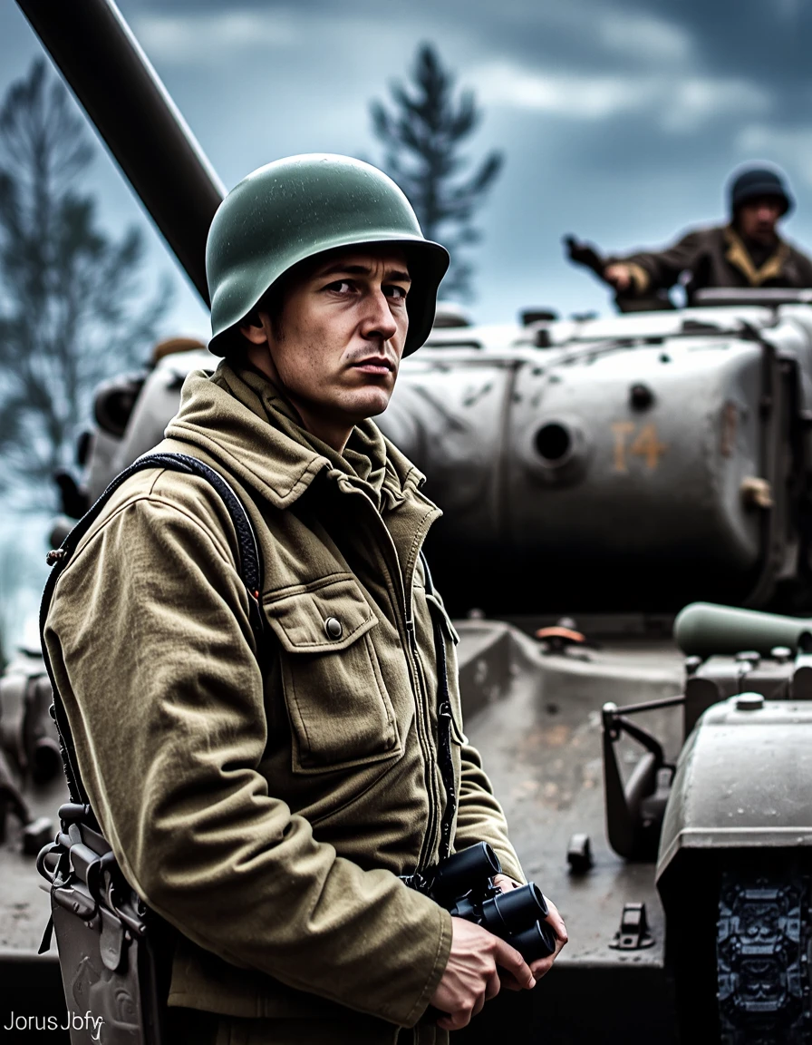 sketch of the battlefield, Masterpiece, Top quality, World War II (1.5), Harsh atmosphere of the battlefield (1.4), Exquisite weapons (1.0), Atmospheric lighting (1.1), Cinematic composition (1.2), Historical accuracy (1.4),
A tank commander wearing a helmet and a tanker jacket, holding binoculars.
A tank is parked behind him.
<lora:m26:0.9>
