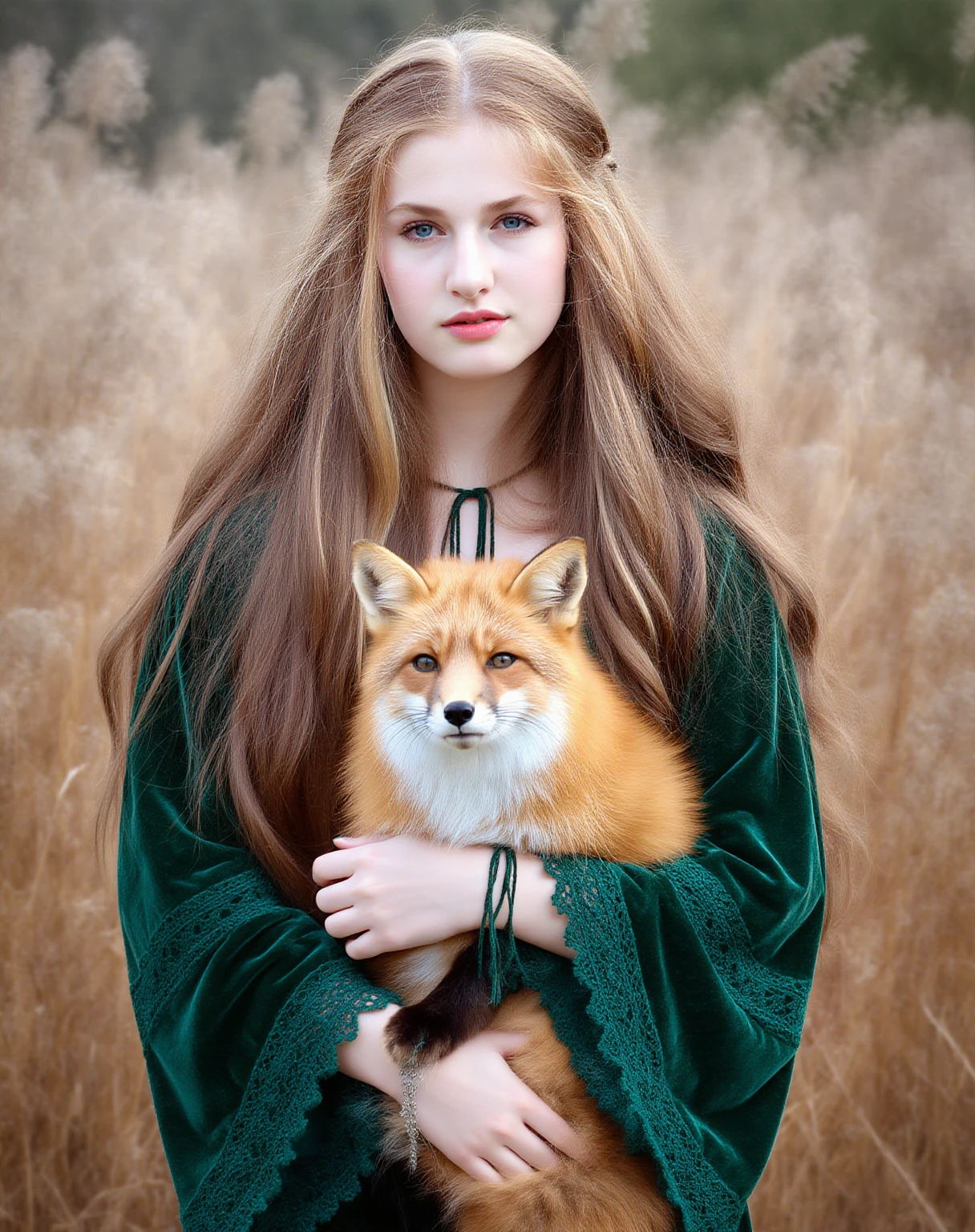 This is a high-resolution photograph featuring a young woman with long, wavy, vibrant red hair cascading down her back and shoulders. She has fair skin and a serene expression, gazing directly at the camera with blue eyes. She is dressed in a vintage-style, green velvet dress with intricate lace detailing on the sleeves and neckline. The dress has a slightly medieval or Renaissance-inspired design, adding to the ethereal and timeless quality of the image. In her arms, she cradles a large, reddish-brown fox with a thick, bushy tail and a white underbelly. The fox appears to be docile and comfortable in her embrace. The background is an out-of-focus field of tall, dry grasses in various shades of brown and gold, suggesting an autumn or early winter setting. The overall color palette is muted and earthy, with the red of her hair and the fox’s fur standing out vividly against the subdued background. The image has a soft, dreamlike quality, enhanced by the gentle lighting and the woman's gentle, almost otherworldly pose.