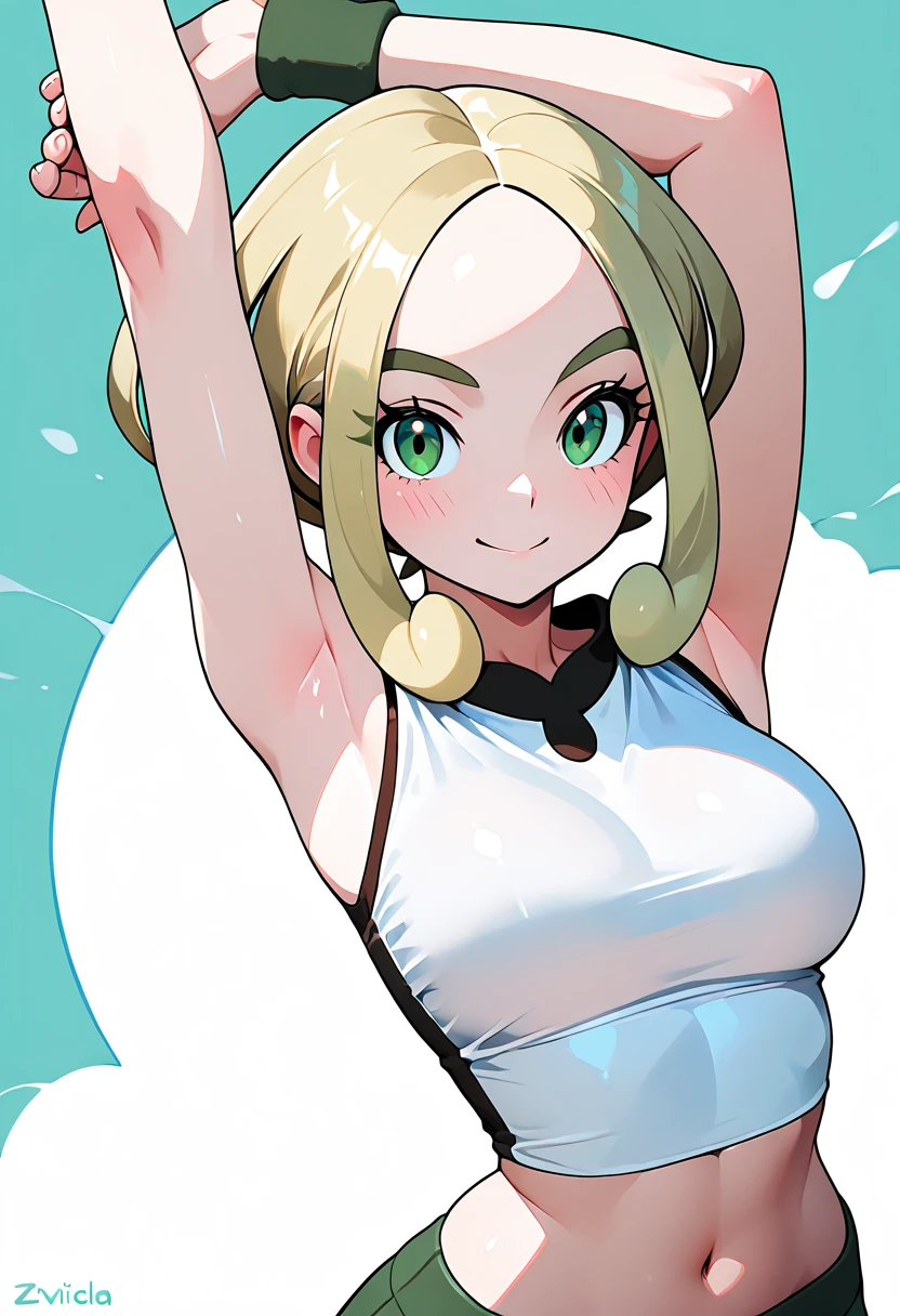 masterpiece, best quality, solo, curvy, beautiful eyes, narrow waist, 1girl, solo, smile, looking at viewer, zzViola, viola (pokemon), green eyes, eyelashes, thick eyebrows, blonde hair, short hair, parted bangs, sidelocks, sleeveless shirt, white shirt, wristband, green pants, midriff, <lora:ViolaPokemonIXL:1.0>,arms up, stretching, upper body, smile, looking at viewer,