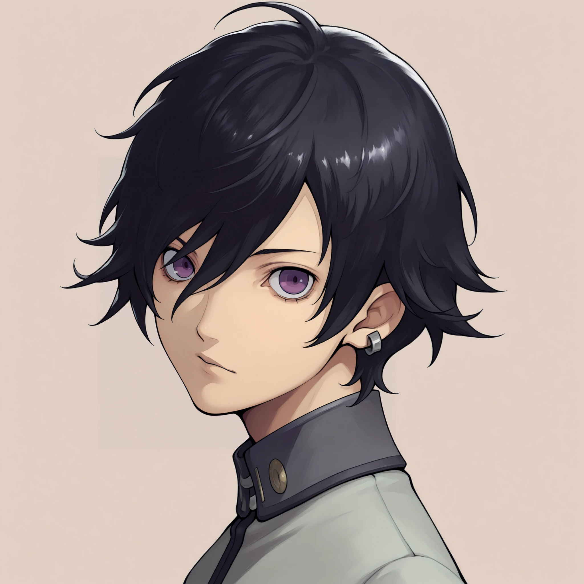 masterpiece, best quality, solo, 1boy, looking at viewer, <lora:Metaphor-portraits-illus_Fp:1>, simple background, portrait, from side, <lora:Naoya-illus_Fp:1>, naoyap1, black hair, purple eyes, school uniform, hair between eyes, short hair, single earring, black hair,