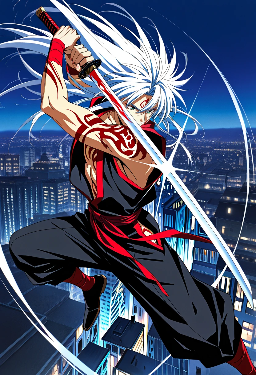 (masterpiece:1.35), (very aesthetic, best quality:1.3), Anime, 1990s \(style\), anime coloring, Dramatically lit, BREAK 1boy, solo, white hair, wild hair, long hair, holding sword, jumping in the air, east asian city, official art, dau-al-set, red tattoo, dynamic pose, action pose, highly detailed, absurdres,